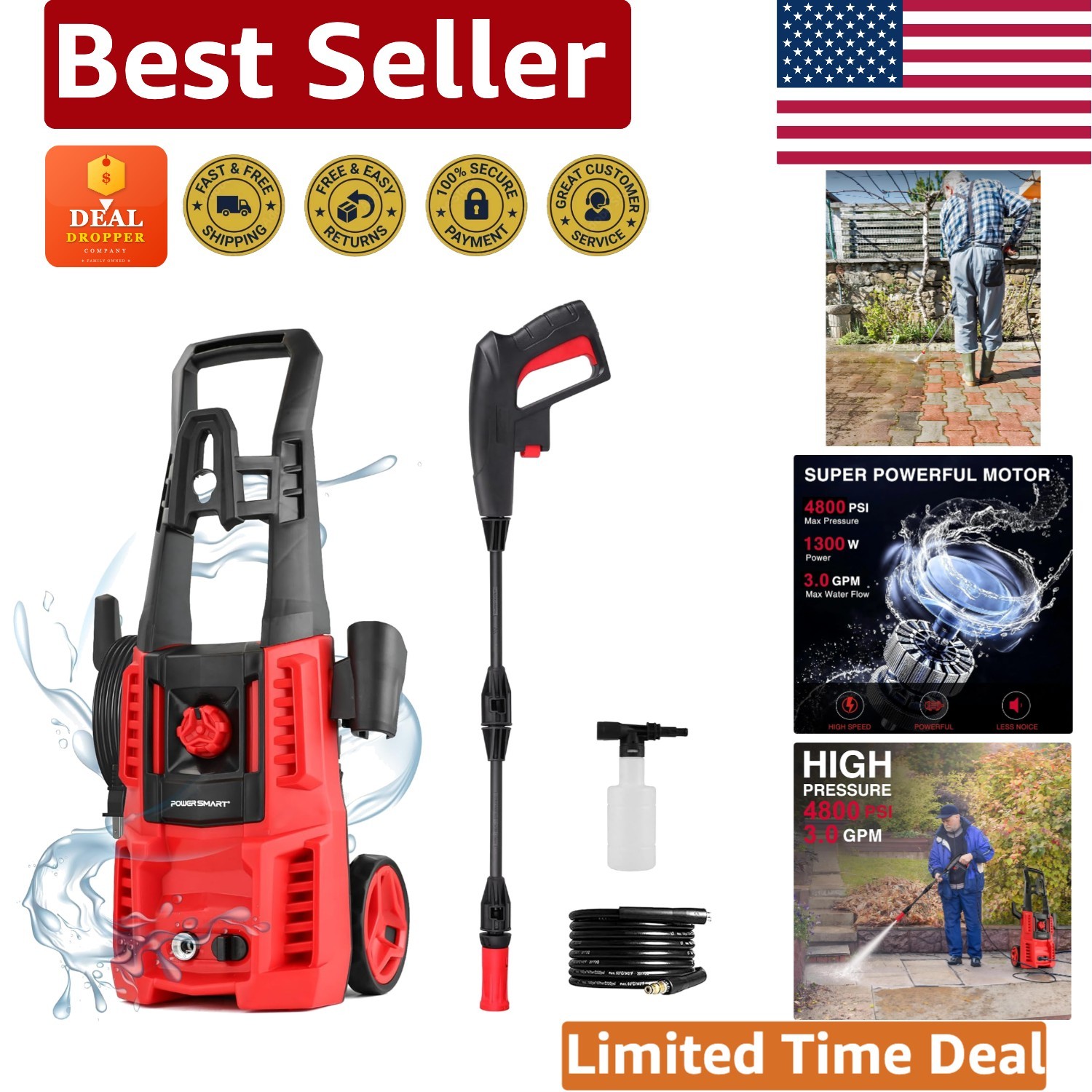 Upgraded 1850 PSI Electric Pressure Washer – Effortless All-Terrain Cleaning