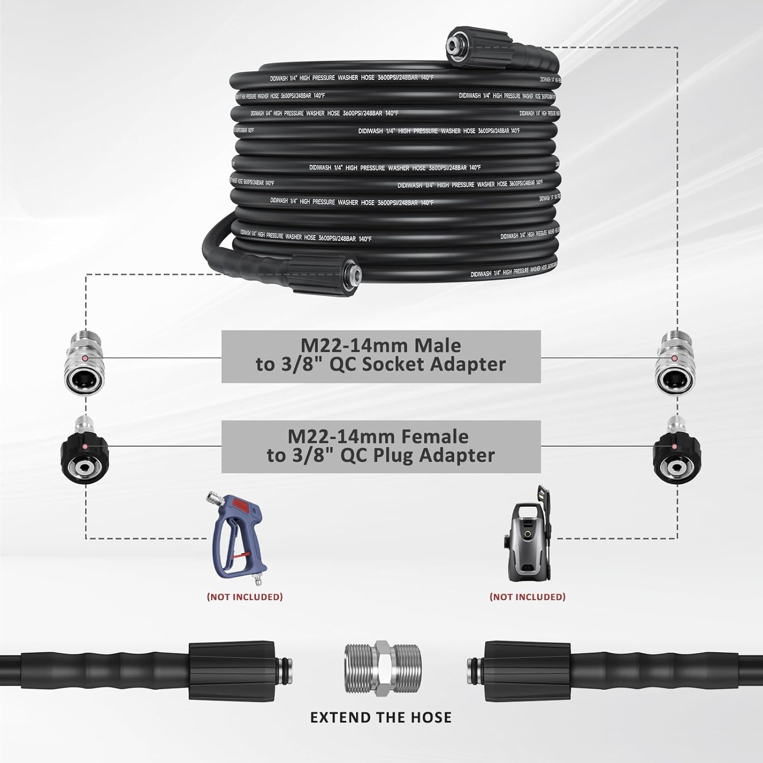 3600 PSI 1/4″ Pressure Washer Hose 50FT with 3/8″ Quick Connect Kit