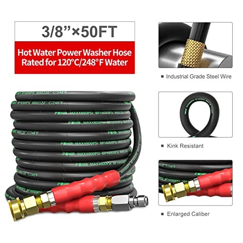 3/8″ Pressure Washer Hose 50 FT for Cold and Hot Water Max 248°F with 50ft