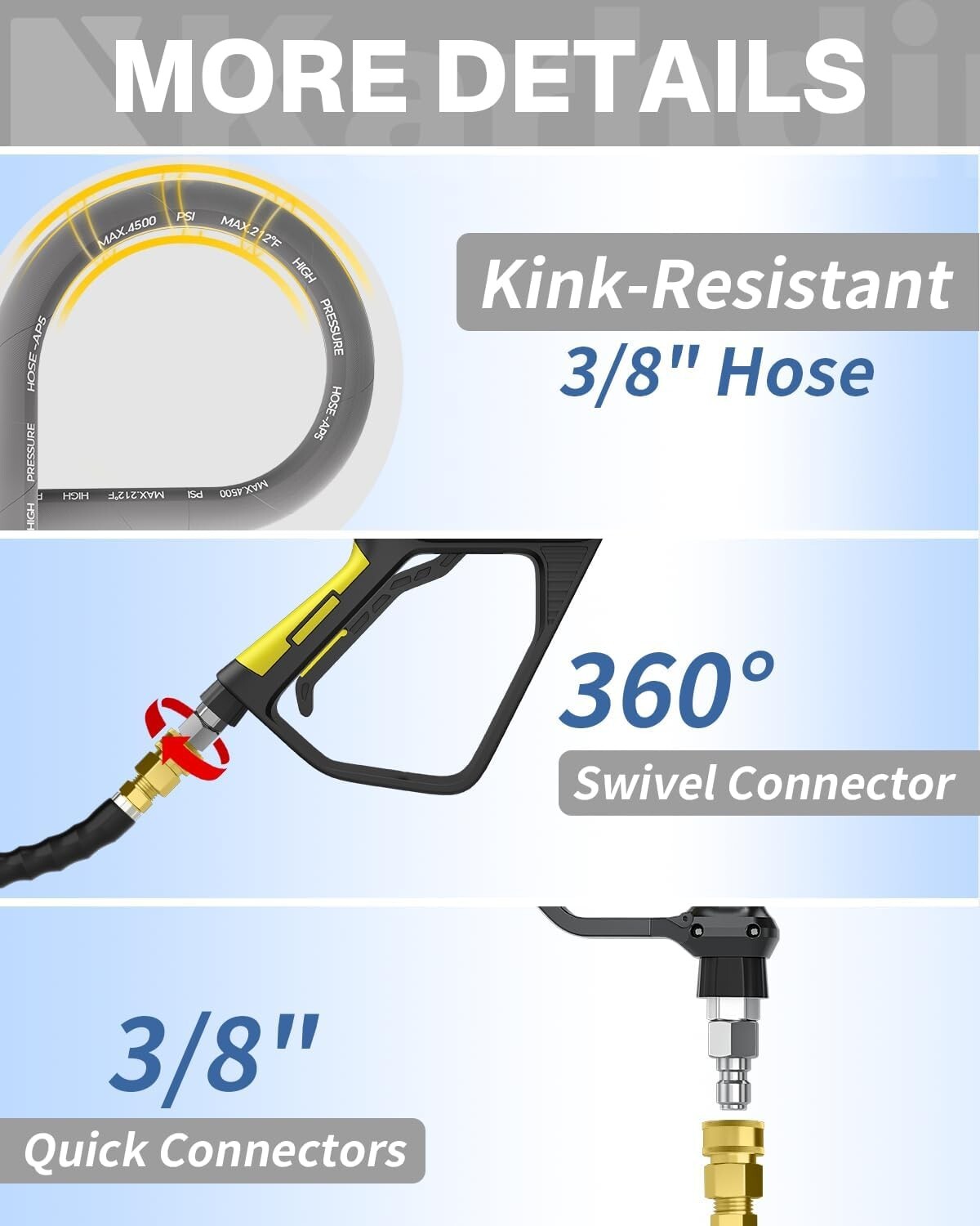 50FT 3/8″ Pressure Washer Hose 4500PSI Kink Resistant Hose M22-14mm Adapter