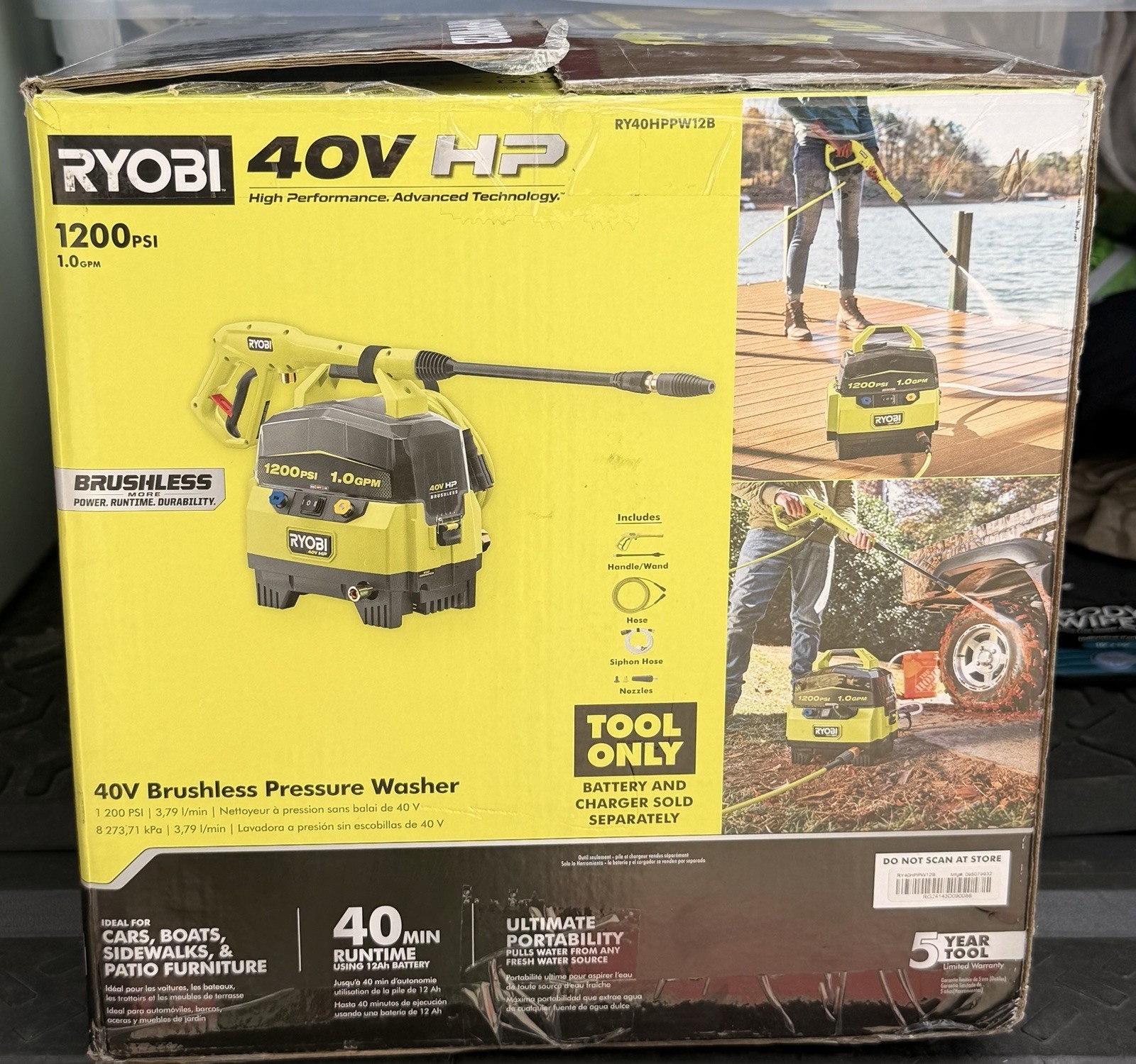 RYOBI 40V HP Brushless Battery Cold Water Pressure Washer 1200 PSI RY40HPPW12B