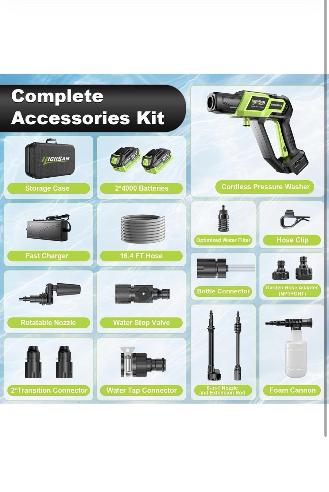 Cordless Pressure Washer – 1500PSI 2.6GPM, 400W Brushless Motor, 2X4000Mah Batte