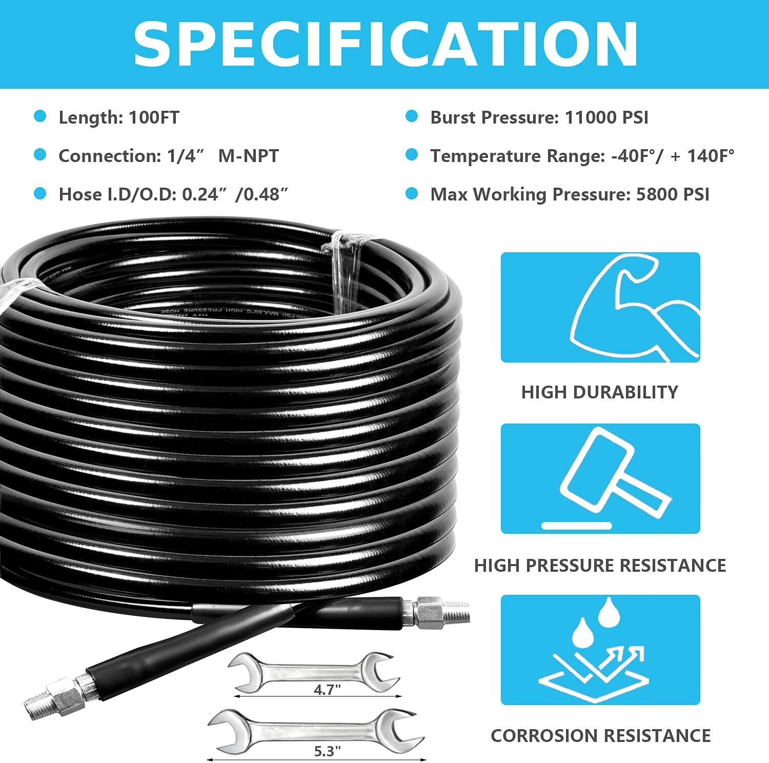 5800PSI 100FT Sewer Jetter Nozzles Kits Drain Cleaning Hose Pressure Washer