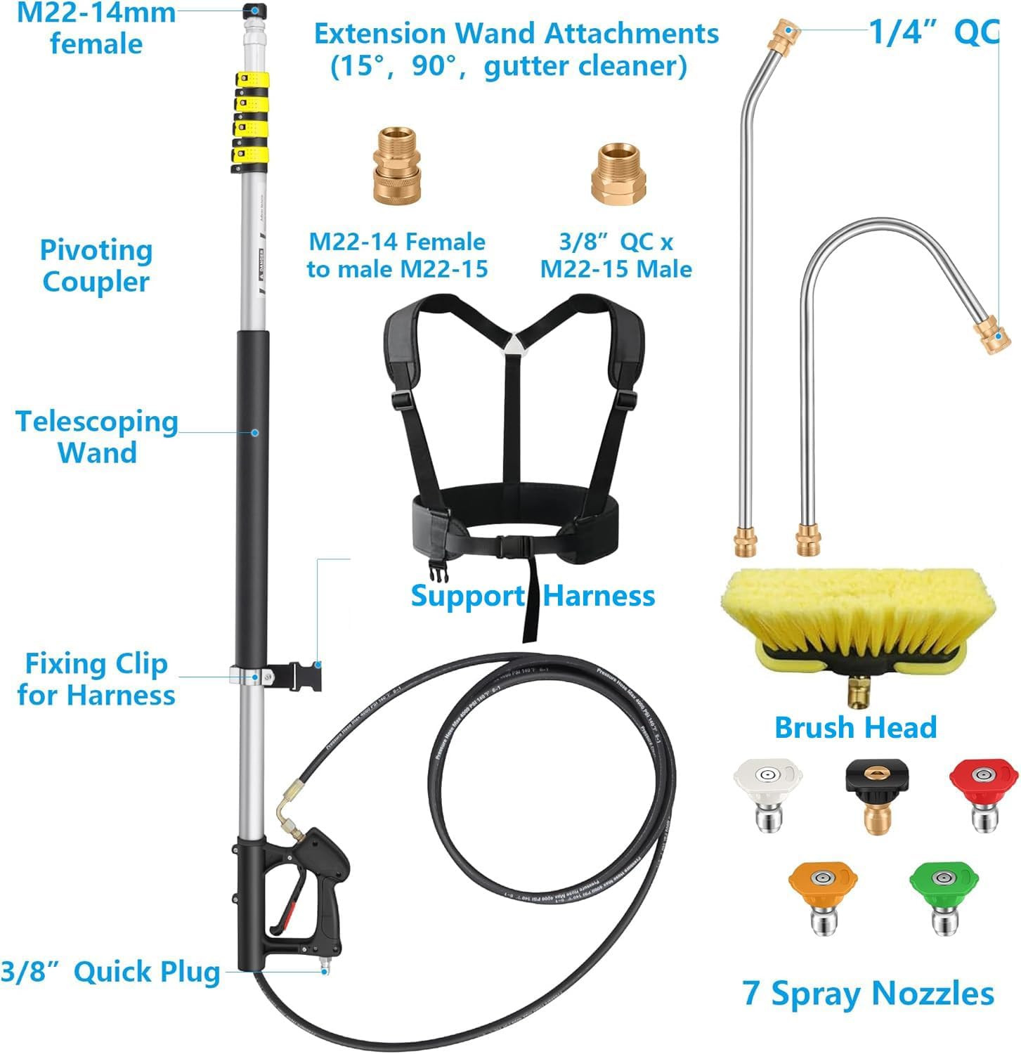 24 FT Telescoping Pressure Washer Wand Extension with Brush Head | Aluminum Powe