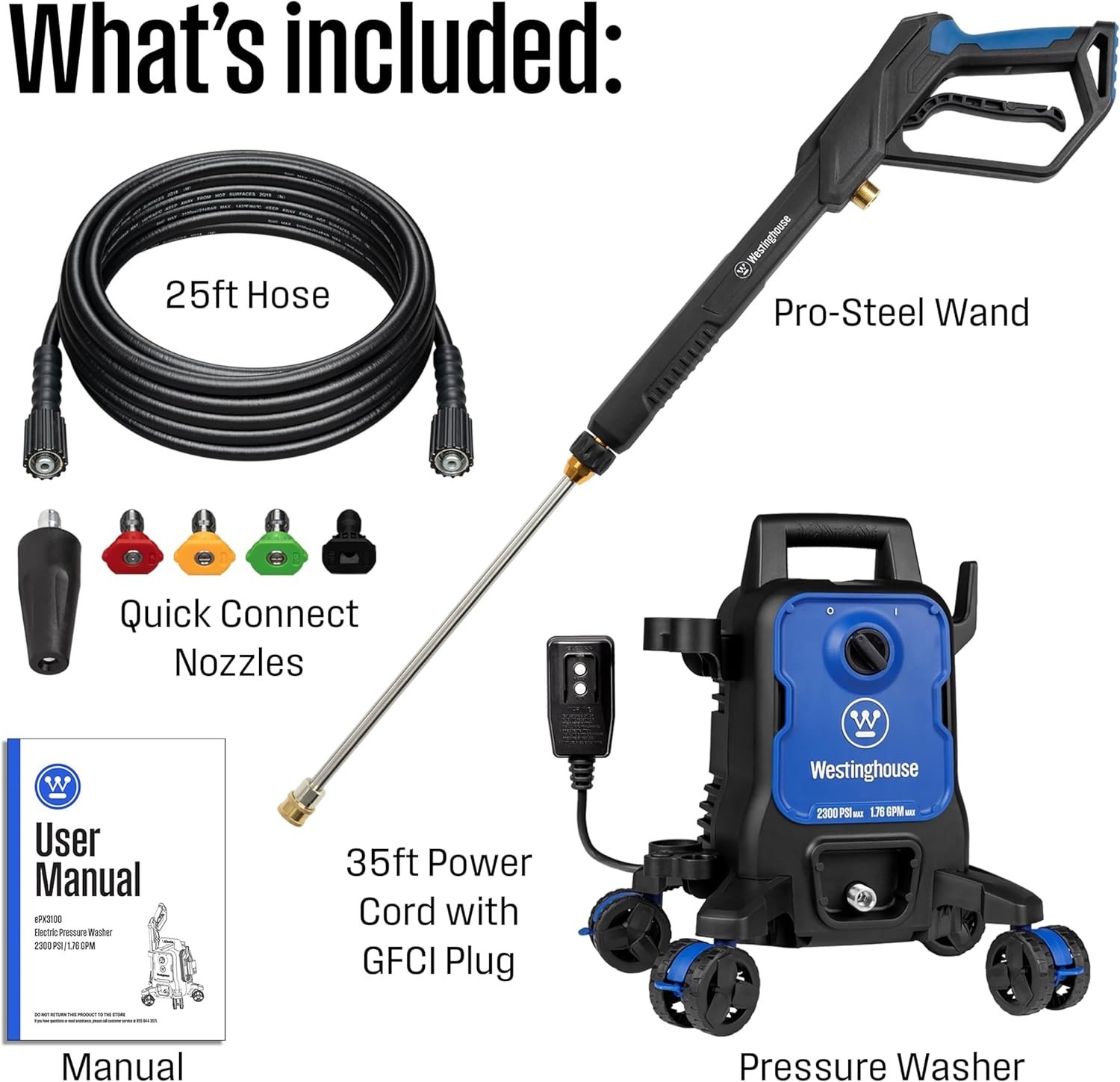 Westinghouse ePX3100 Electric Pressure Washer – 2300 PSI, 1.76 GPM, 25ft