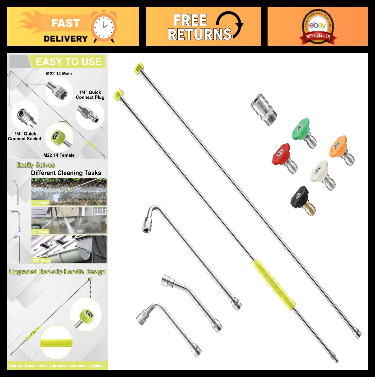 120″ Pressure Washer Extension Wand – Stainless Steel Lance, Gutter Cleaner, 5 N