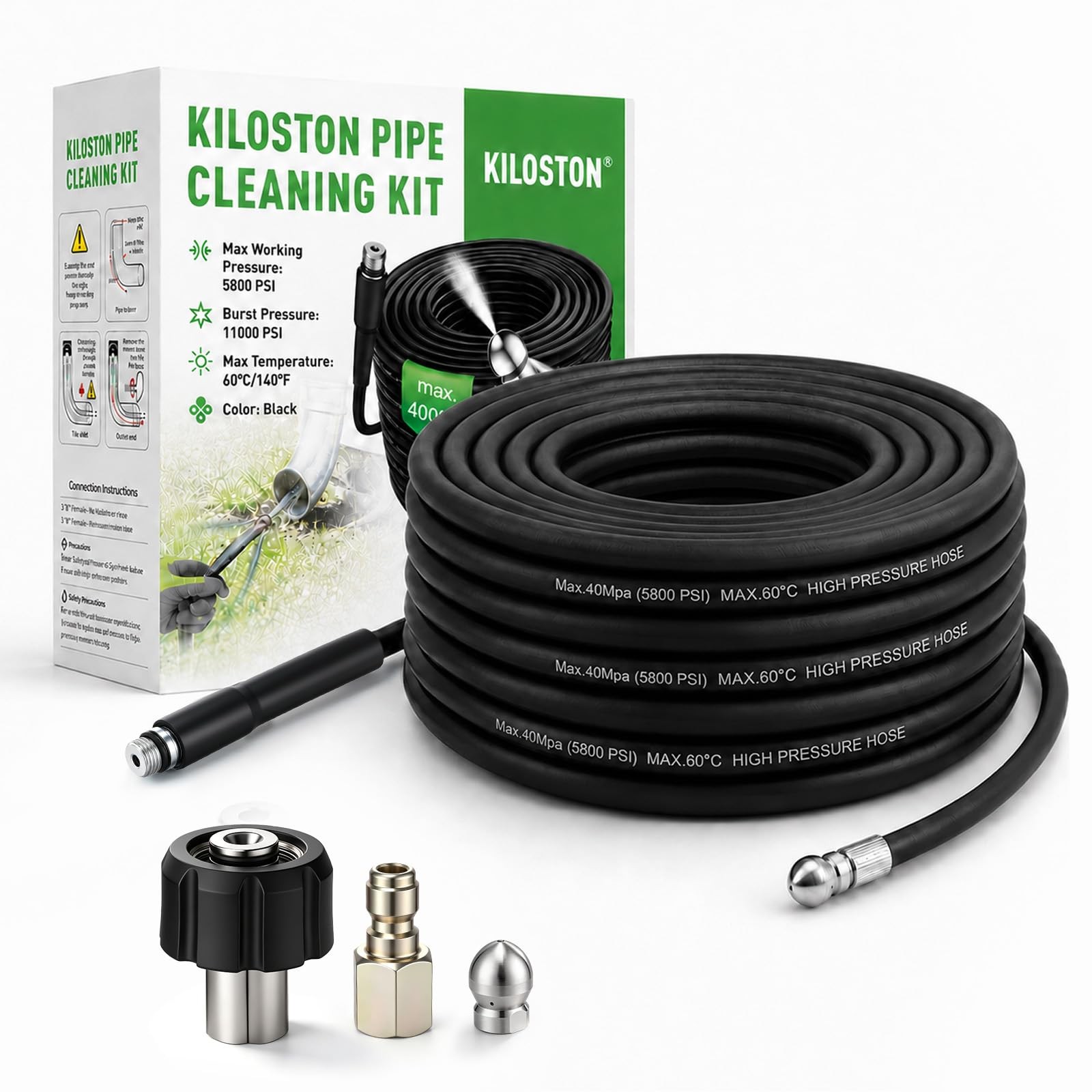 KiloSton 100FT Sewer Jetter Kit for Pressure Washer, 5800 PSI/400 Bar Drain C…
