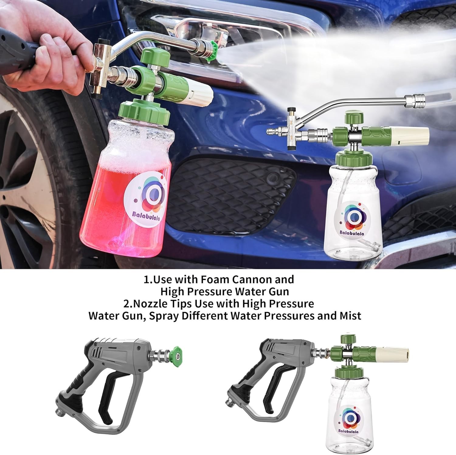 Foam Cannon with Dual Tip Attachment, Adjustable Pressure Washer Foam Blaster