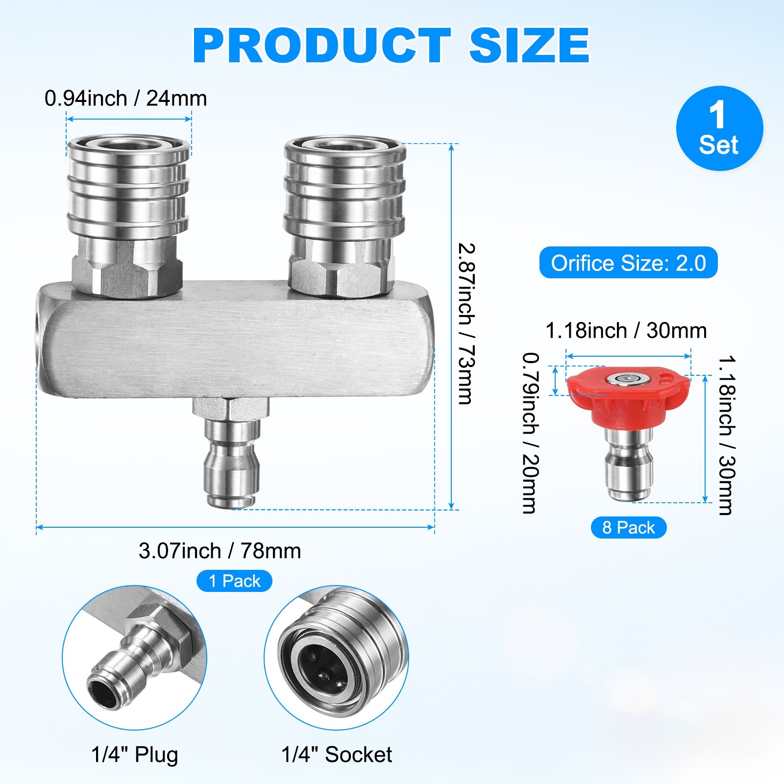 Set of 9 pressure washing machine nozzles, incl. nozzle 0° [silver]