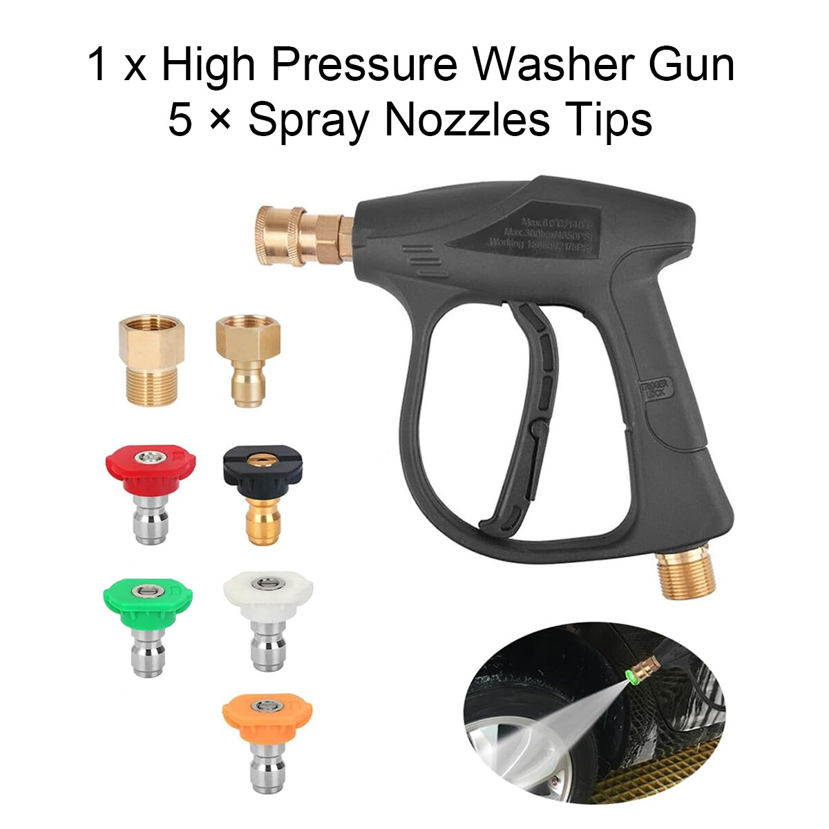 1/4″ High Pressure Washer Gun 4000 PSI Car Wash Foam Spray Short Wand w/5 Nozzle