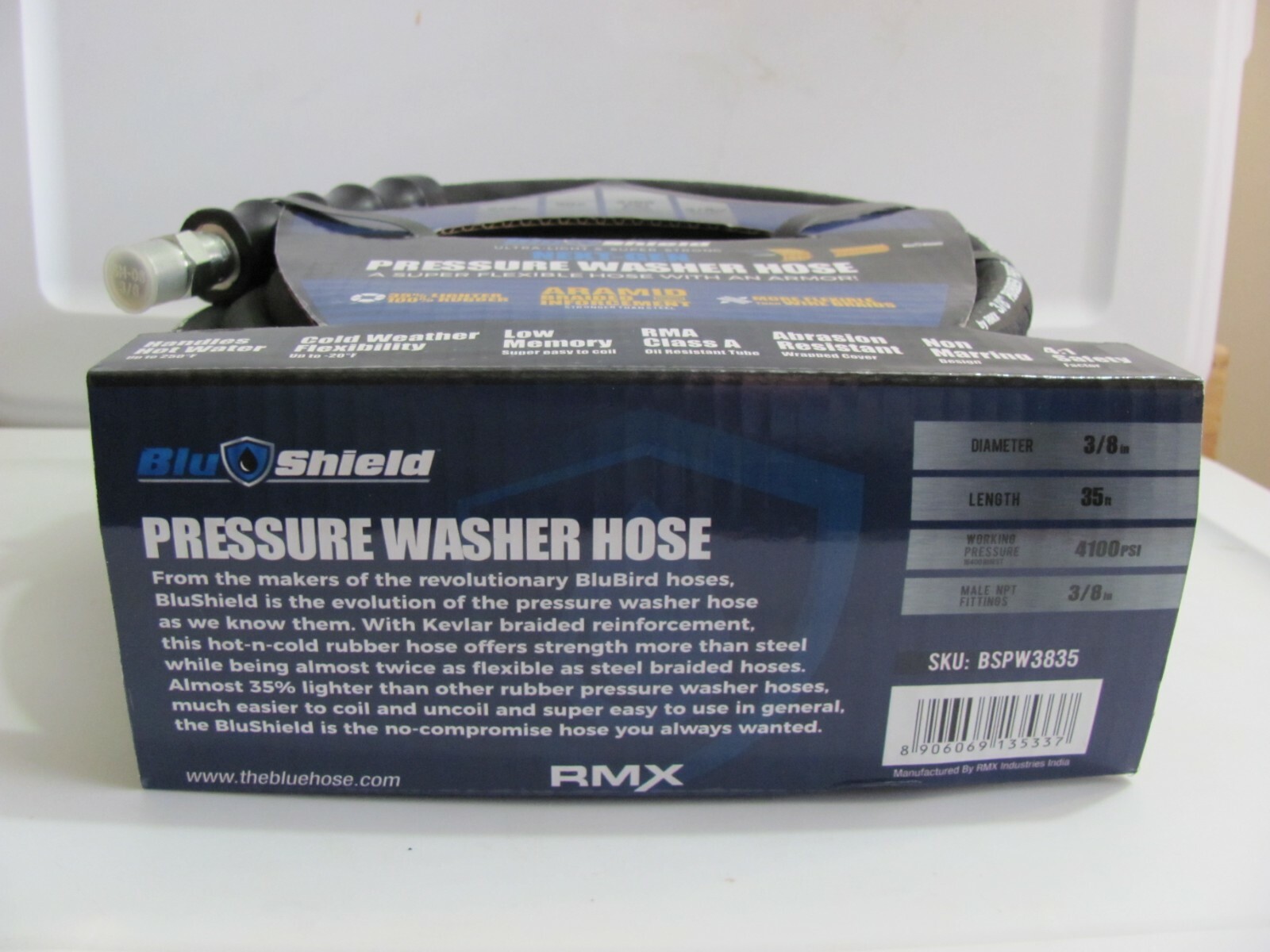 BluBird PW3835 BluShield 35′ X 3/8″ Rubber Pressure Washer Hose 3/8″ Male NPT Ft