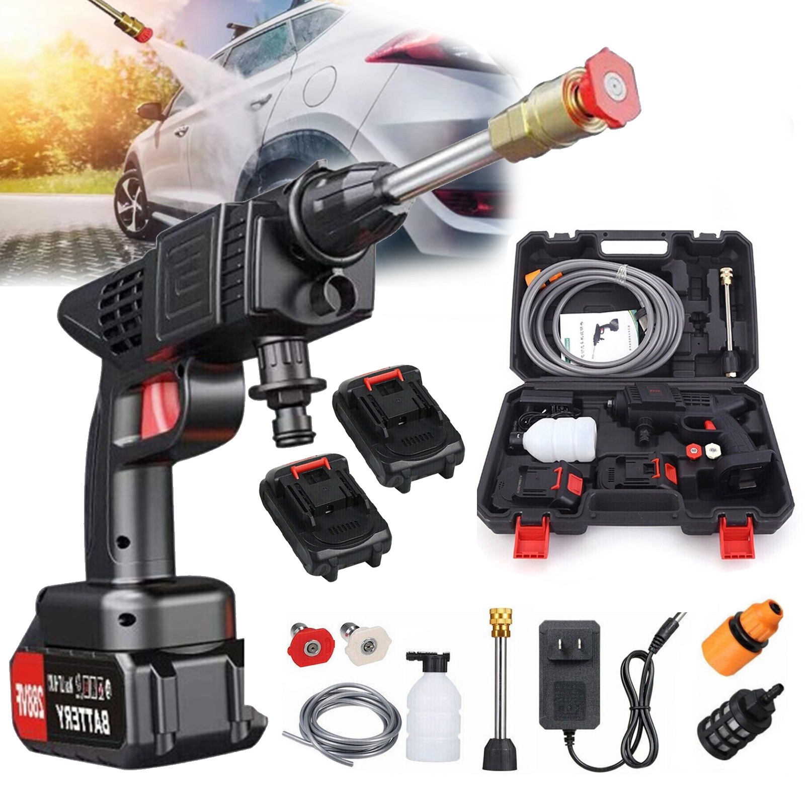 Cordless Water Spray Gun Portable High Pressure Car Washer Cleaner W/ 2 Battery