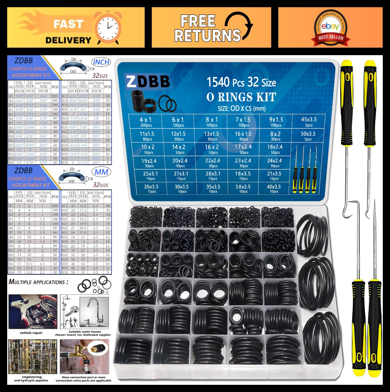 32 Size O-Rings Assortment Kit – 1540 Pcs Nitrile Rubber Set for Automotive, Plu