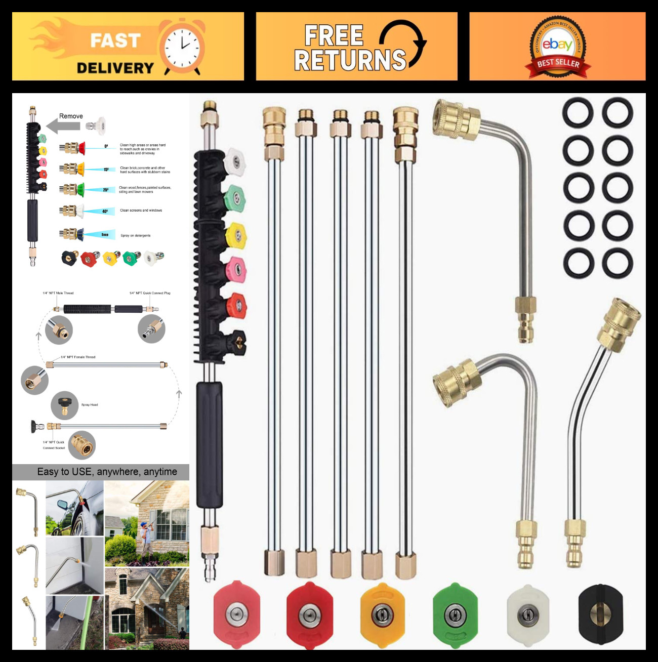 Pressure Washer Extension Wand, 30°/90°/120° Curved Rod, Quick Connect, Nozzle T