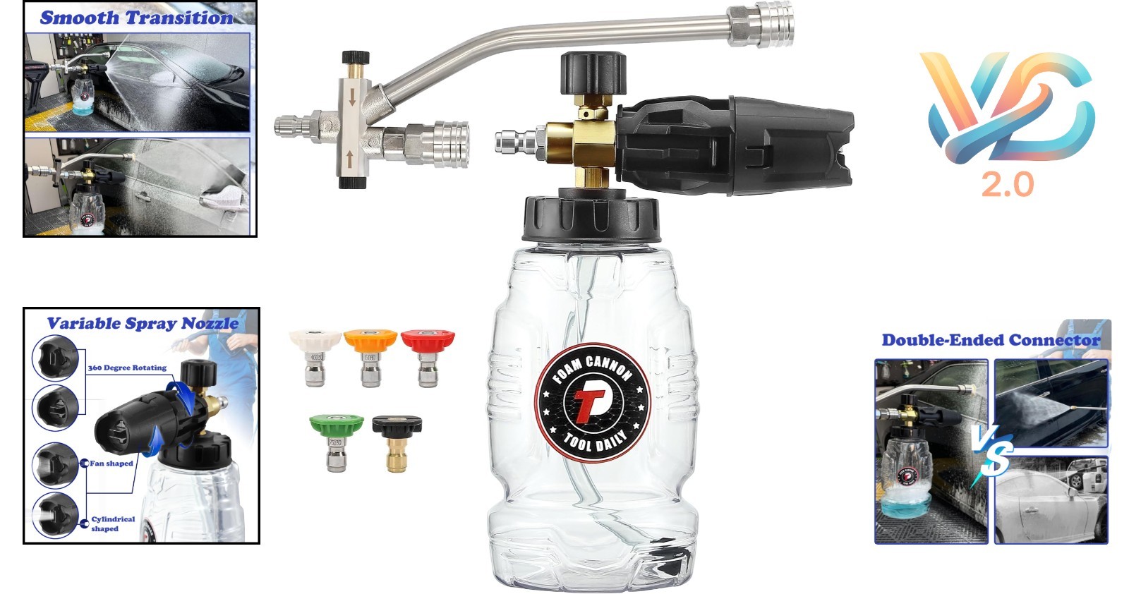 Pressure Washer Foam Cannon Kit with Dual Connector & 5 Nozzle Tips 1L
