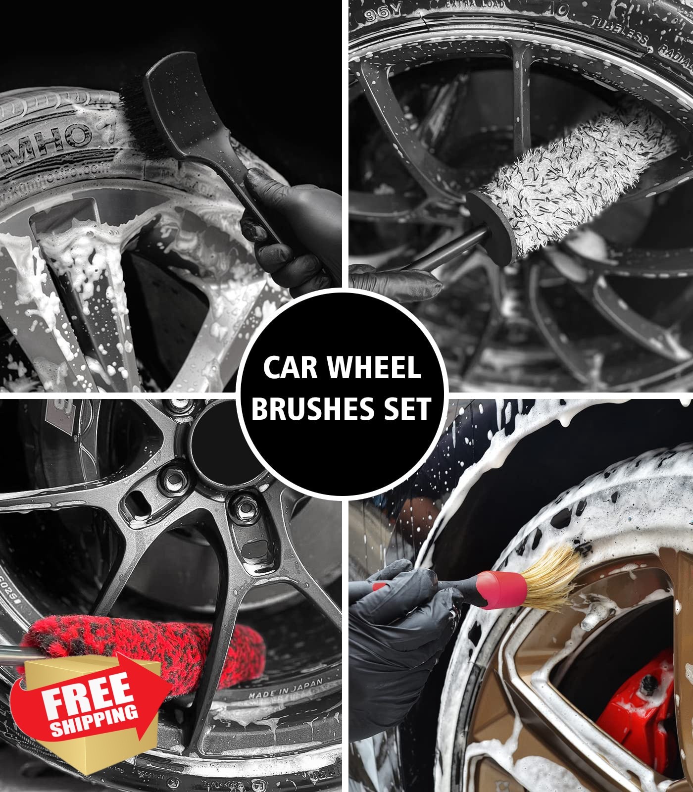 YeewayVeh 4Pack Car Wheel Cleaning Kit Red/Black