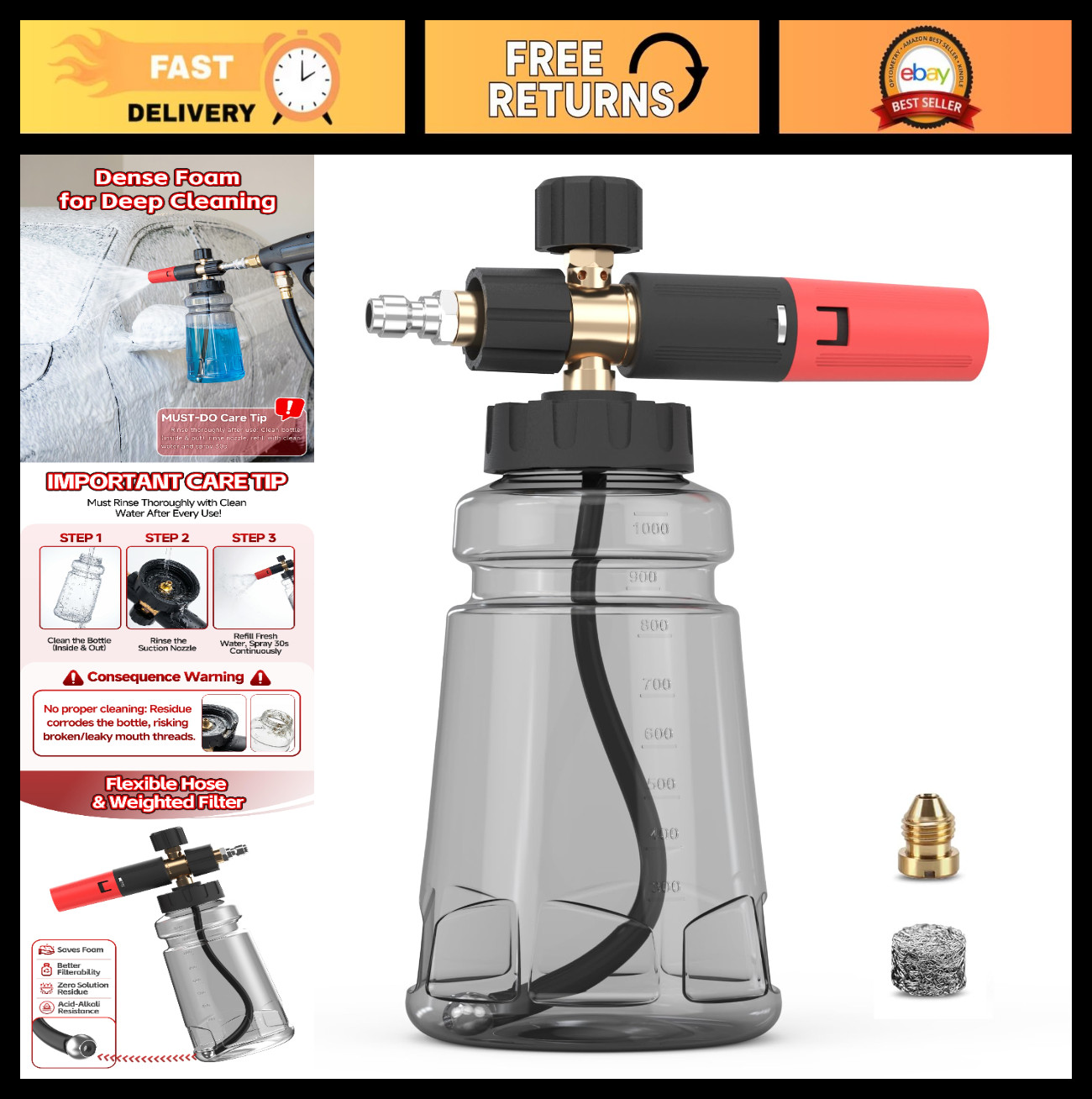 Foam Cannon for Pressure Washer – Adjustable Soap Sprayer, 1/4″ Quick Connect, 1