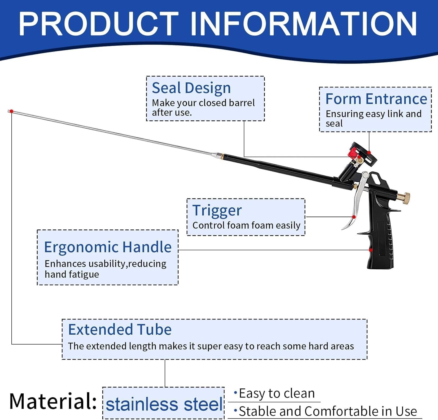 Multi-Purpose Foam Insulation Gun with Three Stainless Steel Nozzles Included