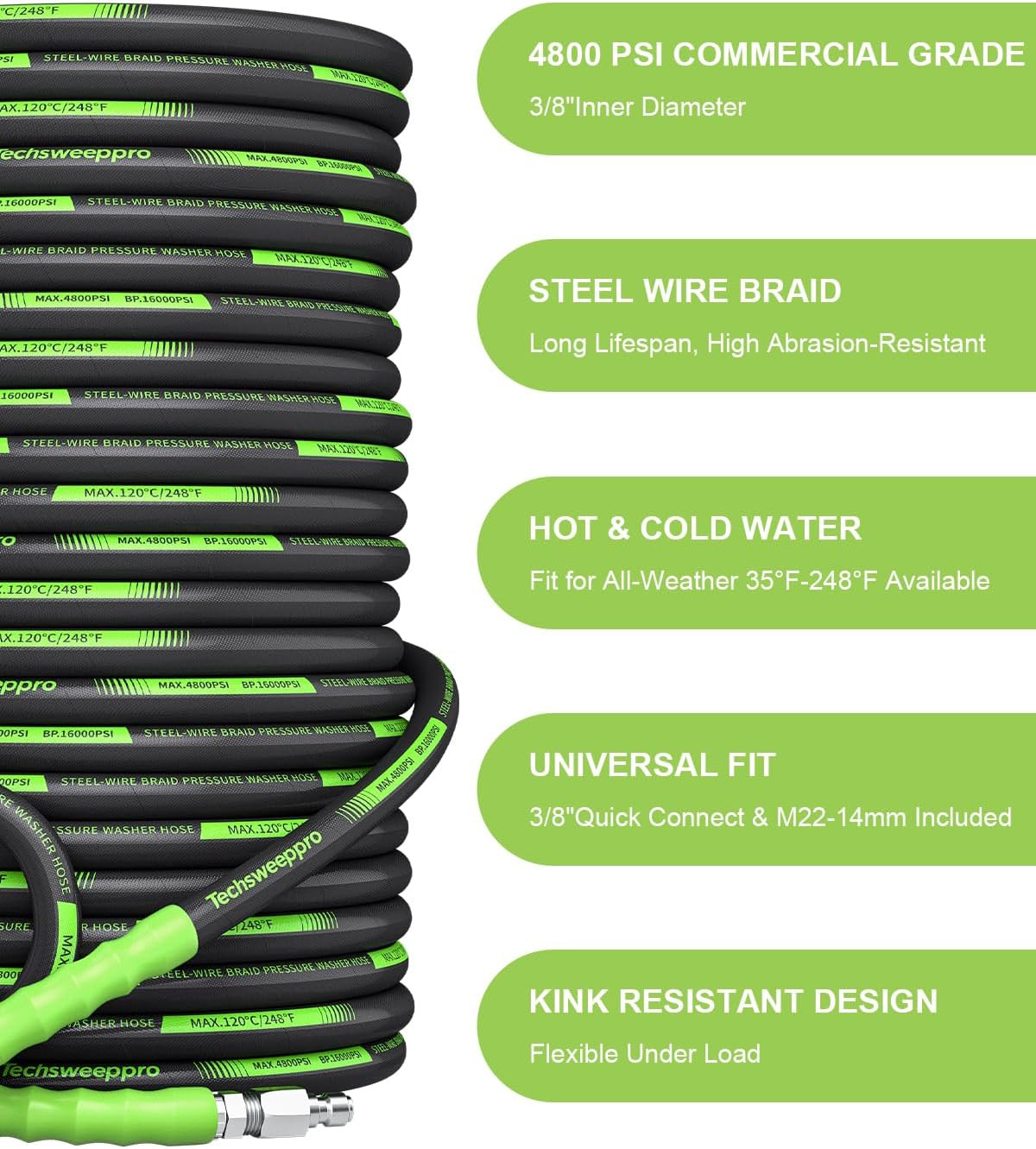 4800PSI Pressure Washer Hose 25FT with 3/8″ Swivel Quick Connect for Cold/Hot Wa