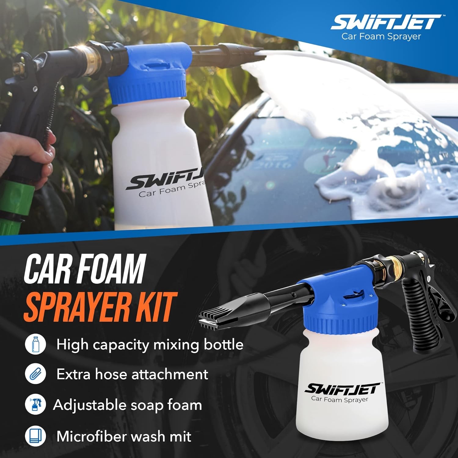 Car Wash Foam Gun Microfiber Mitt Cannon Works Any Soap Garden Hose Sprayer
