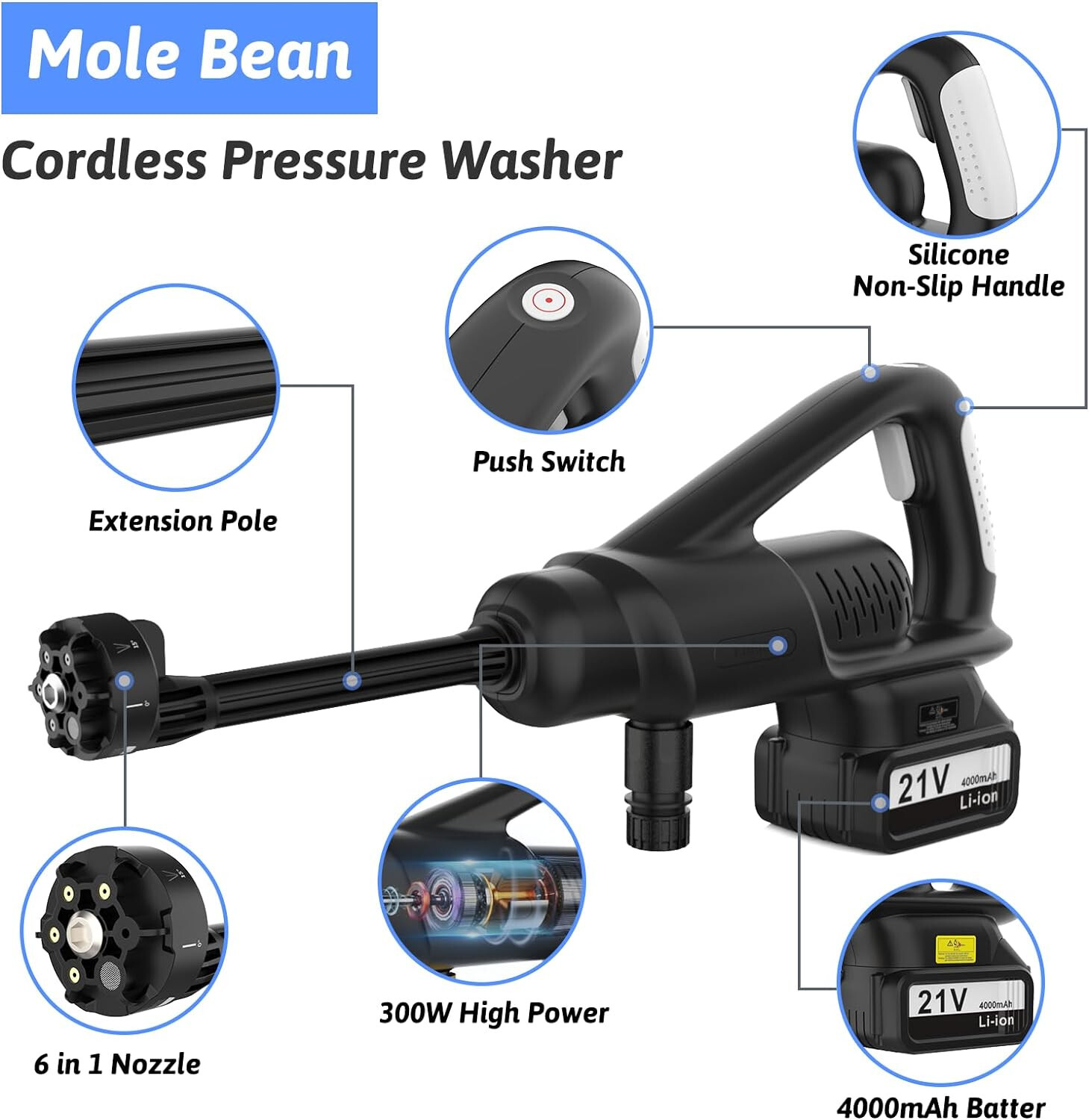 Cordless Pressure Washer, Portable Power Cleaner With 21V Battery & Charger