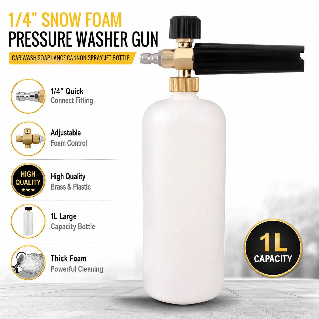 1/4″ Snow Foam Pressure Washer Gun Car Wash Soap Lance Cannon Spray Jet Bottle