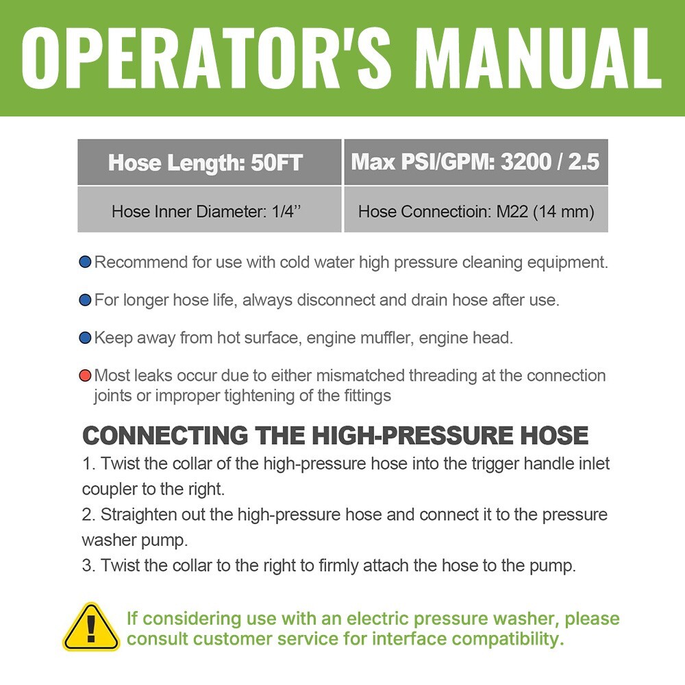 YAMATIC 3200 PSI Anti-Kink Pressure Washer Hose 1/4″ M22-14mm 25 ft/30 ft/50 ft