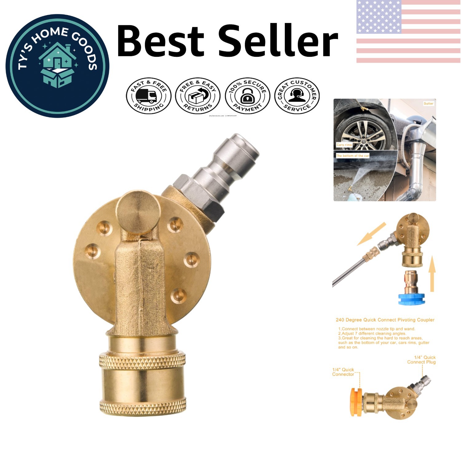 Pivoting Pressure Washer Coupler – 1/4″ Quick Connect Gutter Cleaner, 7 Angles