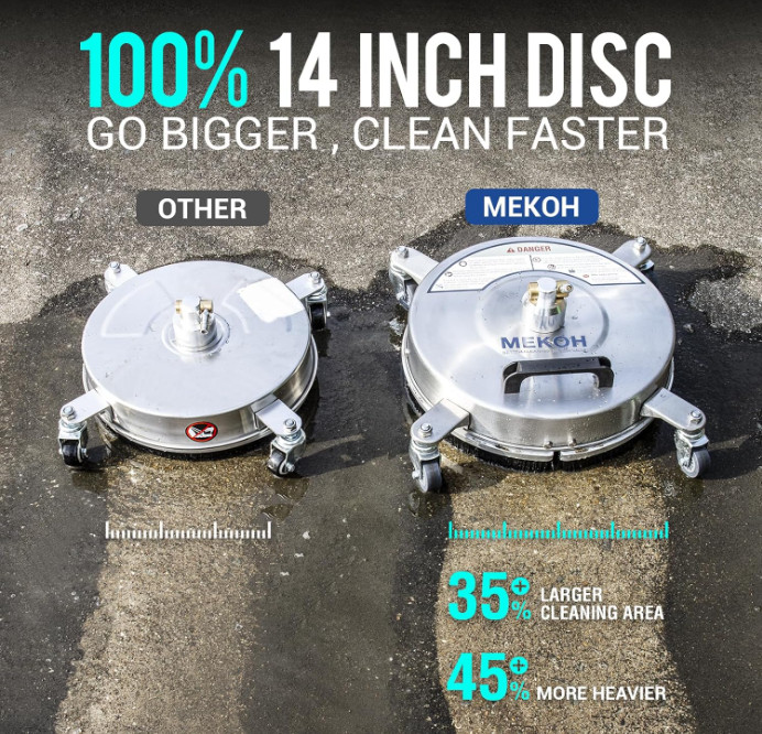 Limpiador de superficies de 14″ para hidrolimpiadora hasta 4500 PSI, con 4 rueda
