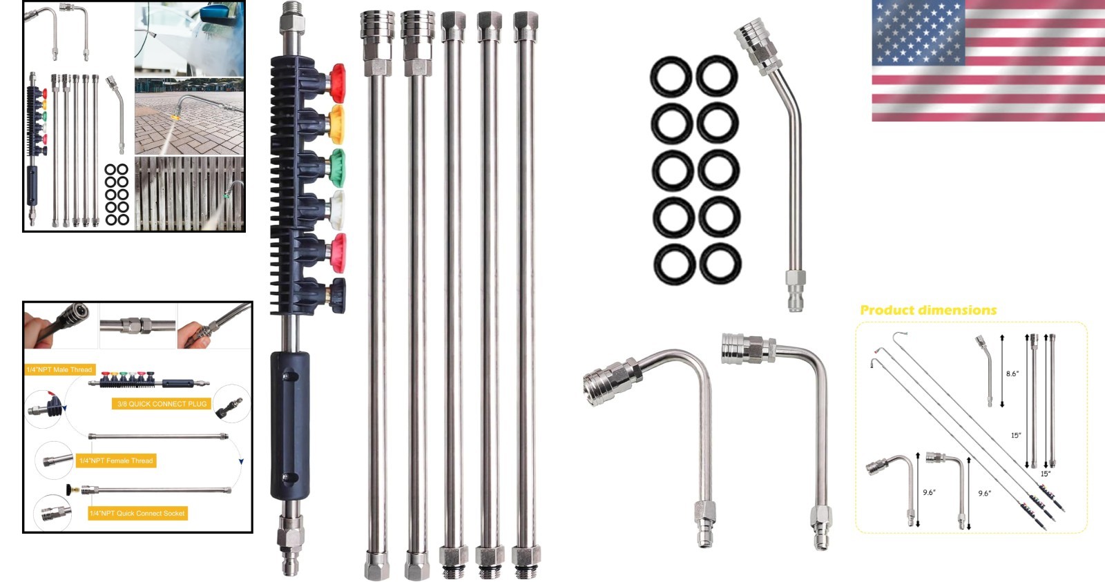 Stainless Steel Pressure Washer Lance 9 Pack with 6 Nozzle Tips and Attachments