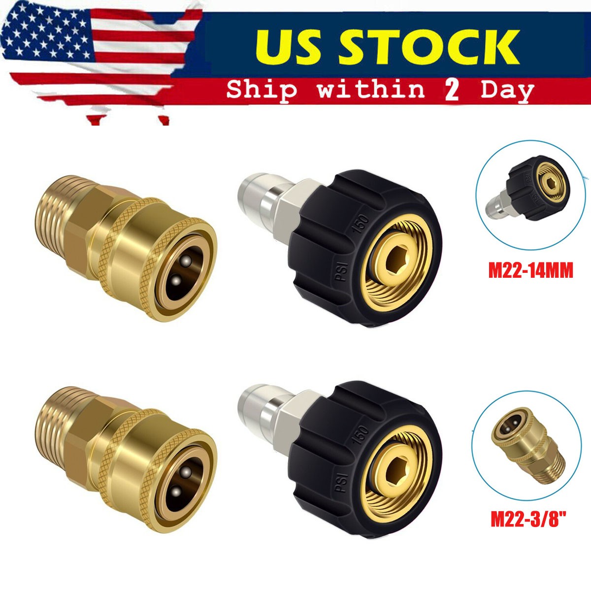 2 pack Pressure Washer Adapter Set, M22 (M22-14MM) to 3/8” Quick Connect US