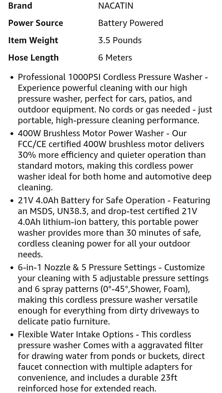 1000PSI Cordless Pressure Washer, 21V 4.0Ah Battery-Powered Brushless Motor Powe