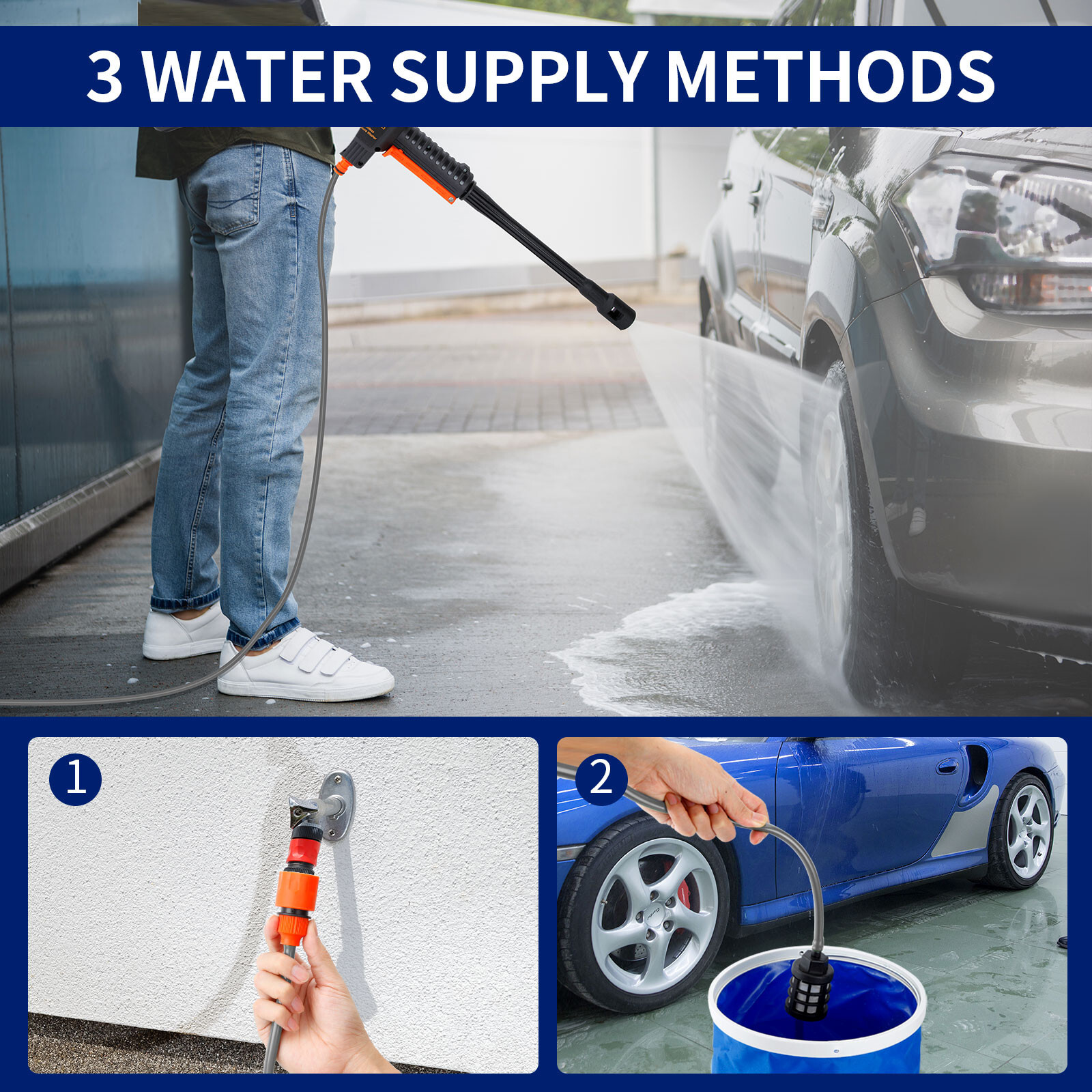 Cordless Pressure Washer Gun 3 Water Supply 2 Batteries 800PSI 6 in 1 Nozzle
