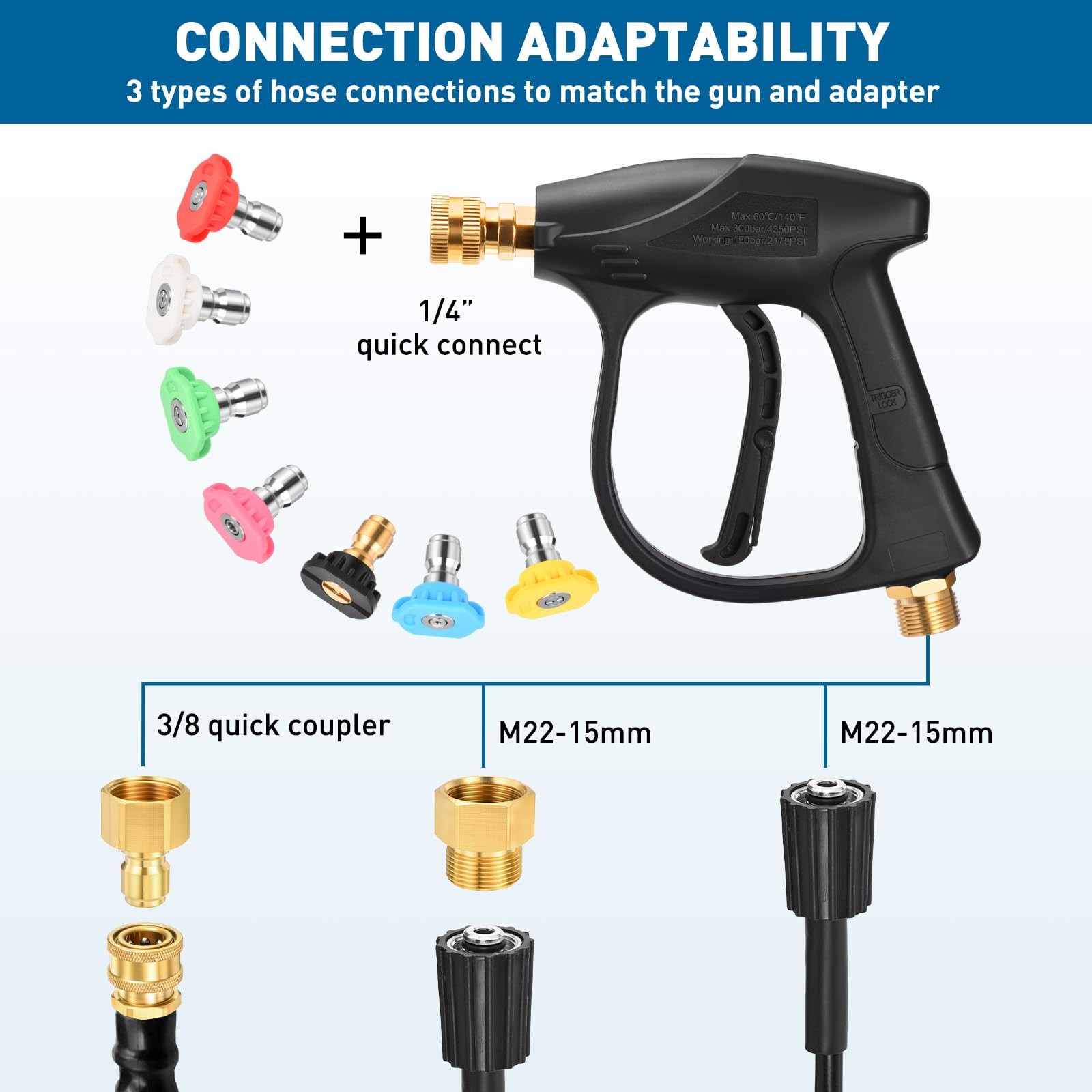 Pressure Washer Short Gun with Foam Cannon, 3/8″ Thread x Quick Socket, M22-1…