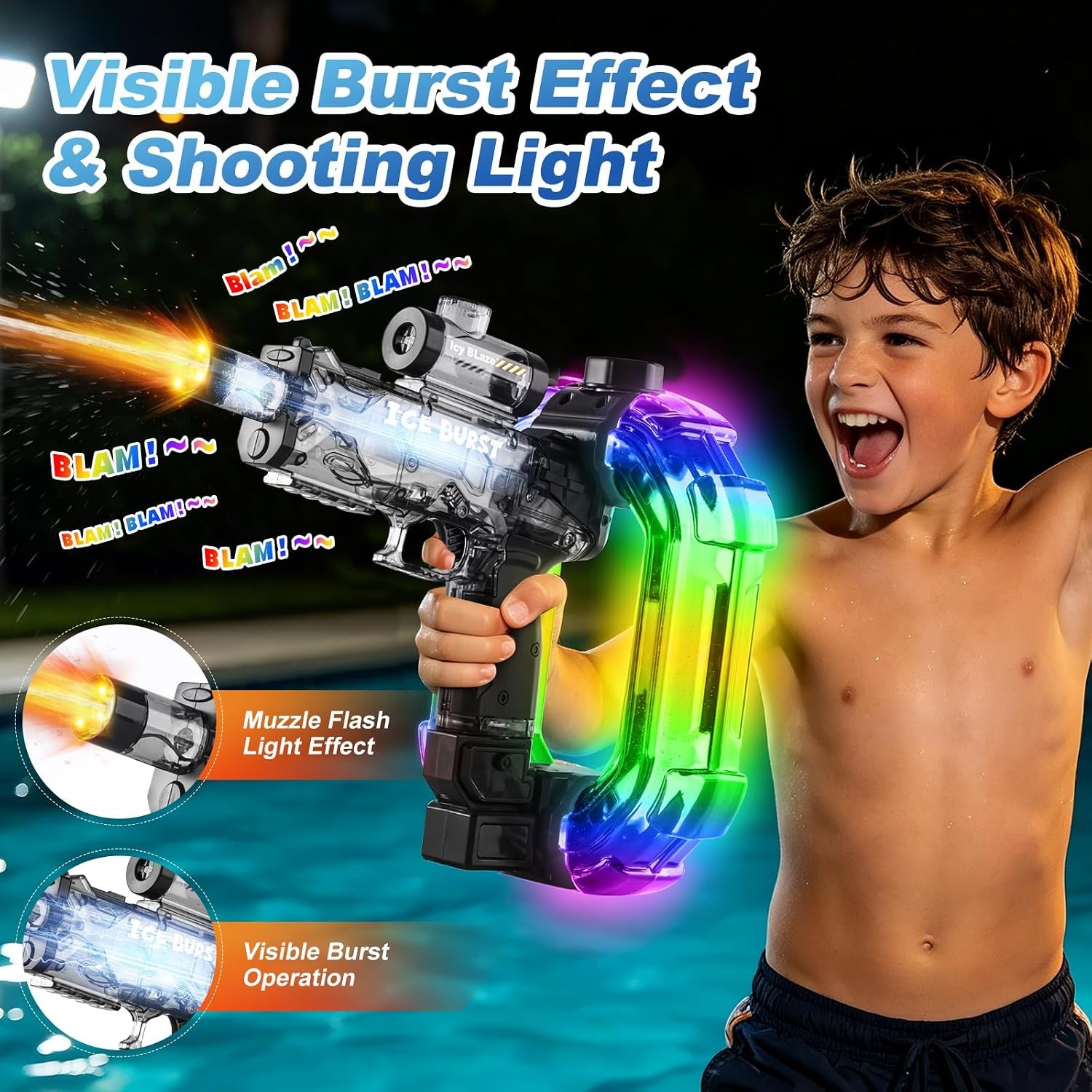 750ML Large Capacity Electric Water Gun, 28-32 FT Range, LED Muzzle