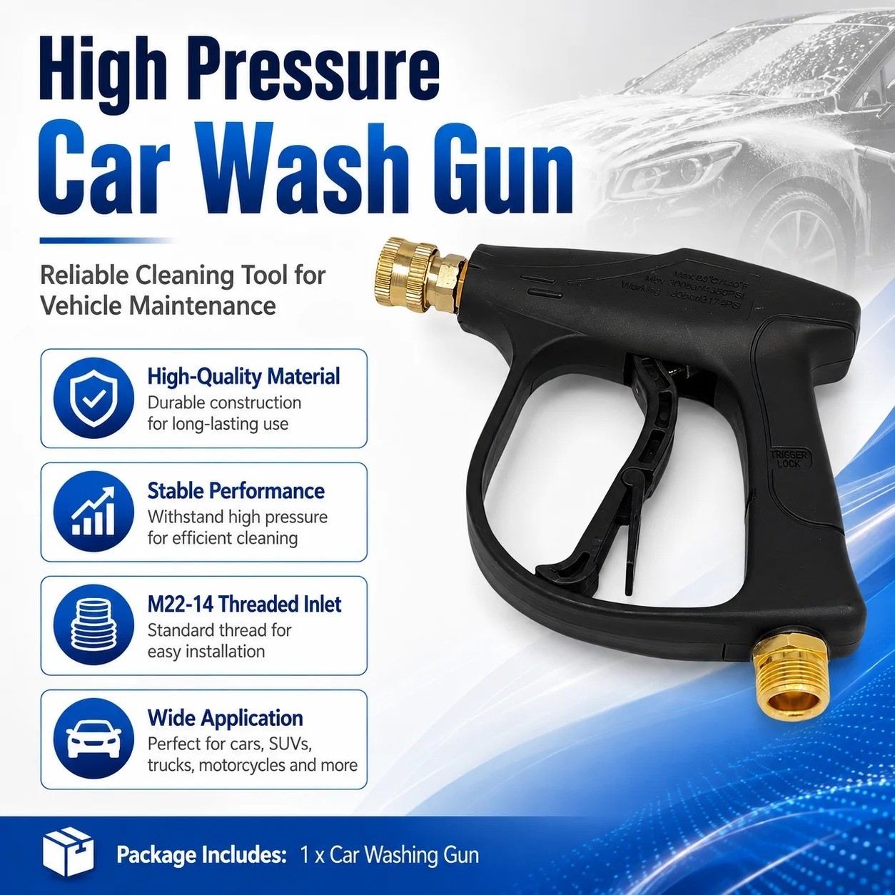 1/4″ High Pressure Washer Gun 4350 PSI Car Wash Foam Spray w/ M22-14mm Connector