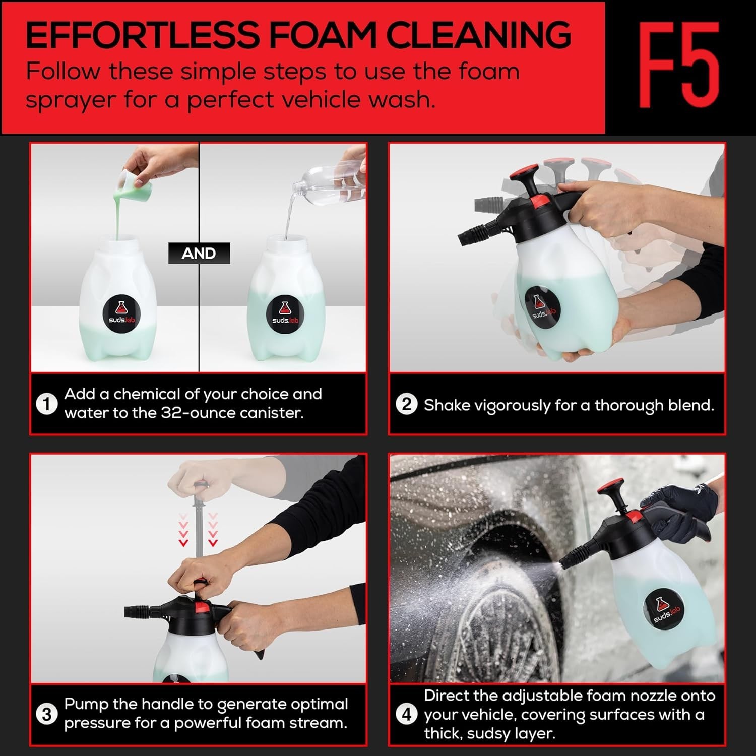 Suds Lab F5 Foam Master – Triple-Action Pump Foam Sprayer with 3 Nozzles, Cor…