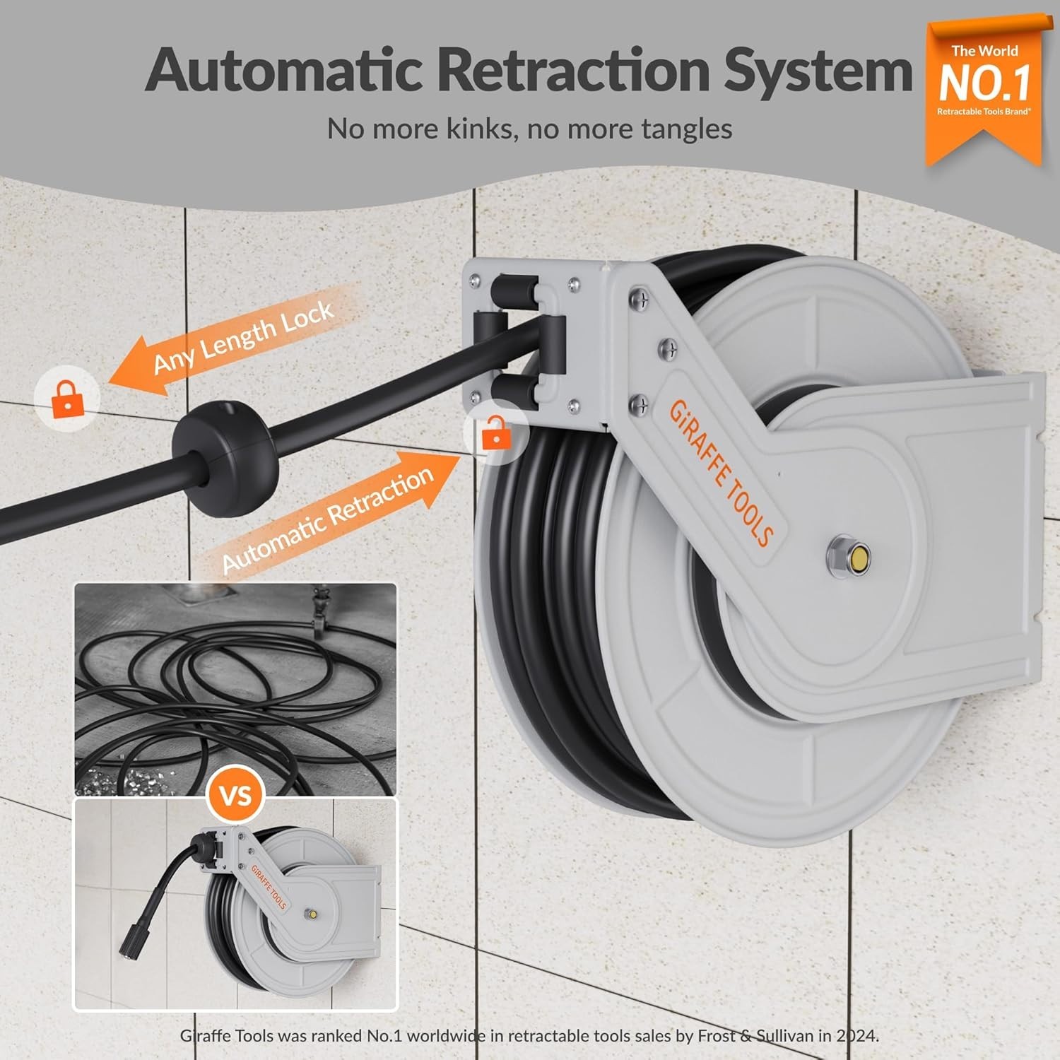 Giraffe Tools Retractable Power Pressure Washer Hose Reel 1/4″ x 65 ft, 3200PSI