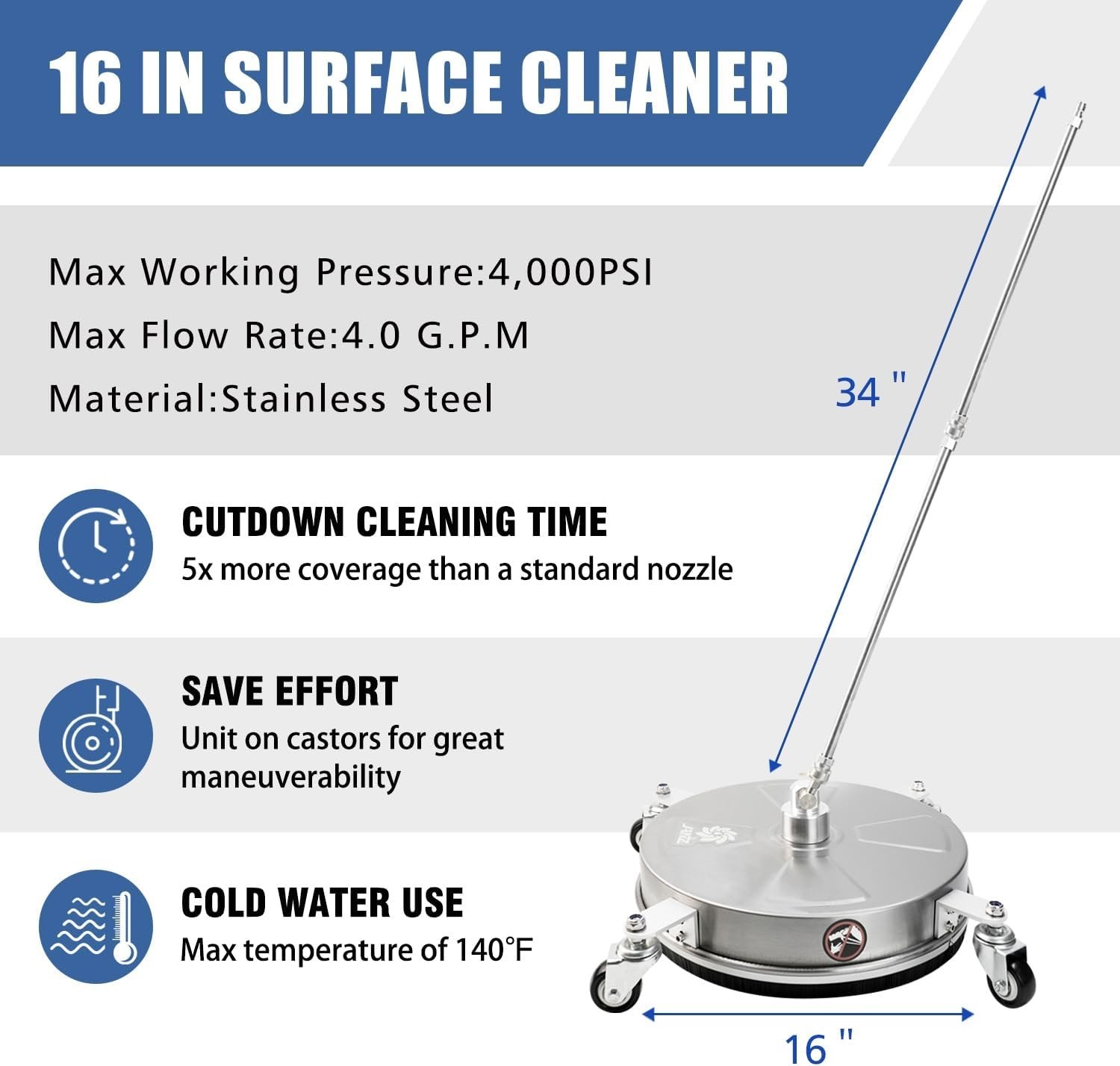 JANZ 16″ Pressure Washer Surface Cleaner 4000 PSI 4 Wheels Wand Nozzles Tool