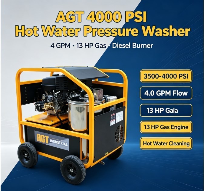 AGT Hot Water High Pressure Washer 4.0GPM 13‑HP For Farm & Fleet‑Cleaning