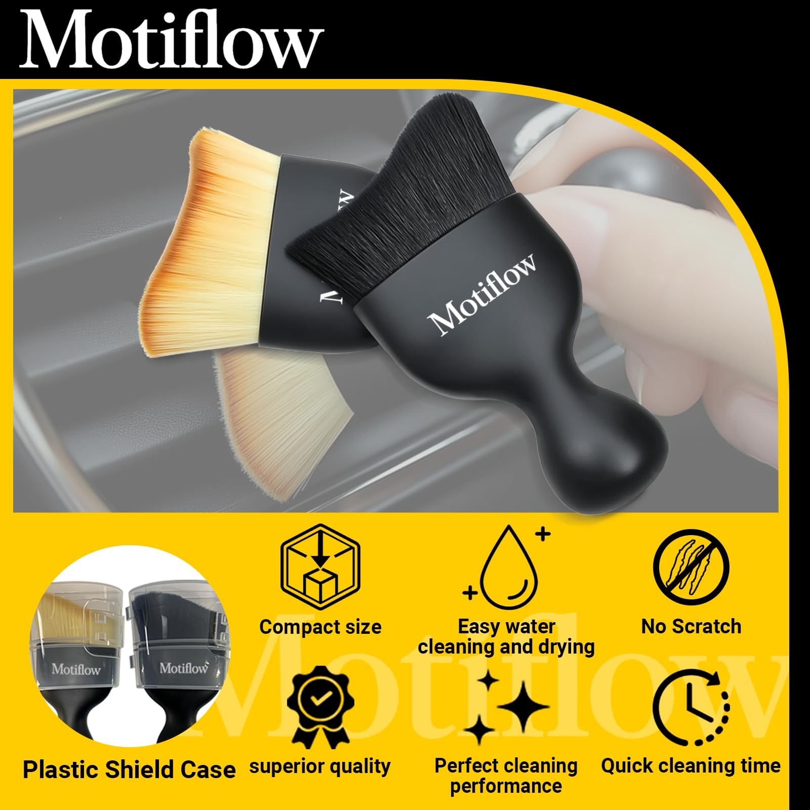 Motiflow 2 PCS Car Interior Detailing Brush, 3.94″ x 2.36″, Black&yellow