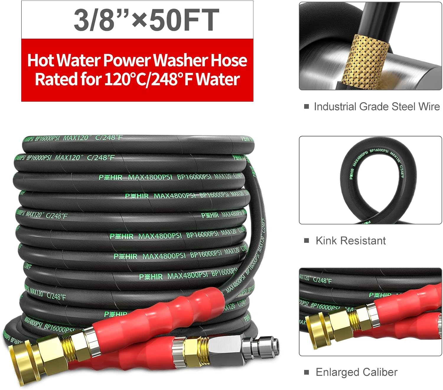 4800 PSI 3/8″ Pressure Washer Hose 50 FT with Quick Connect & 2 M22 14mm Adapter