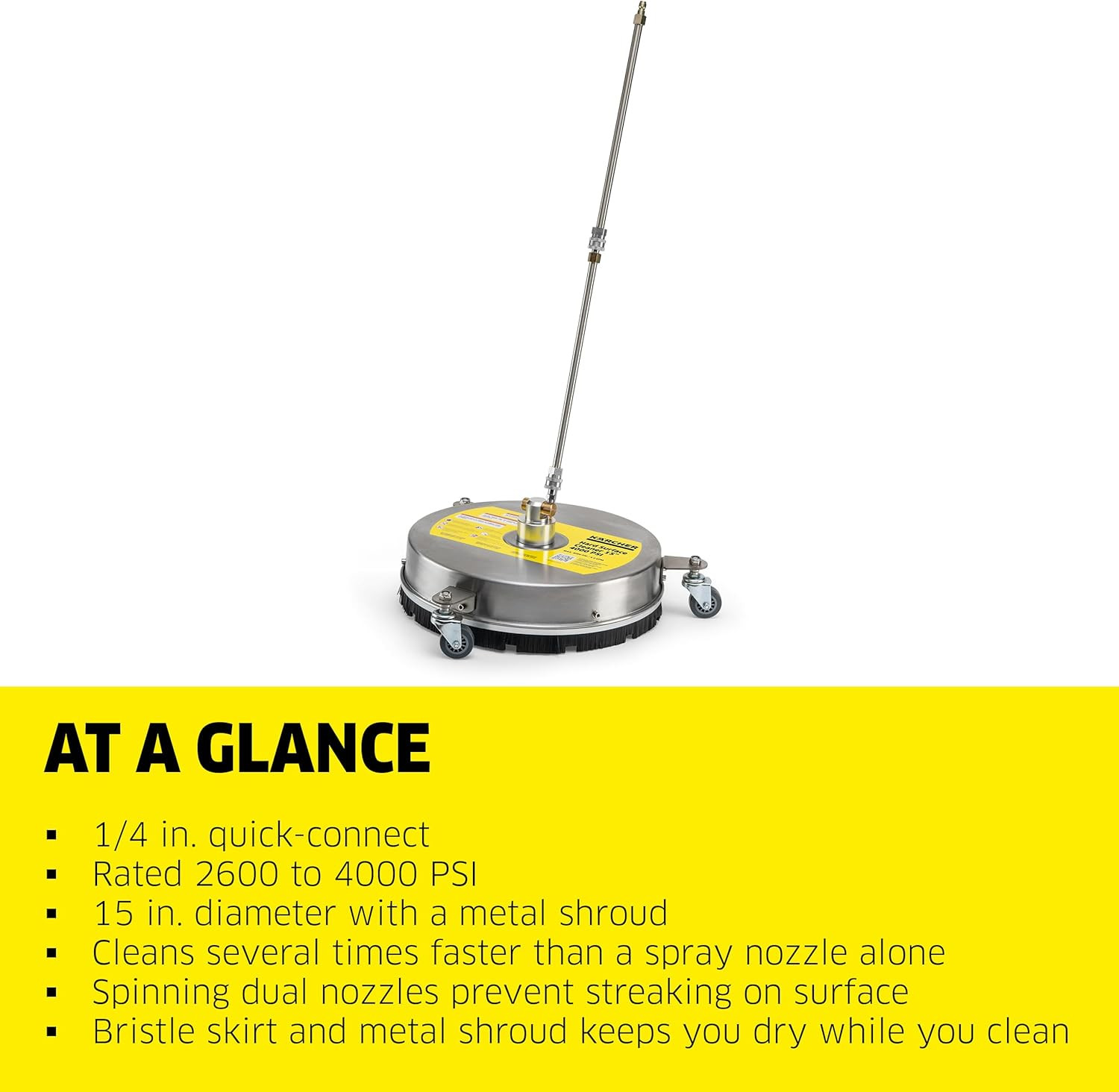 Pressure Washer Surface Cleaner 15″, 3 Wheels, Stainless Steel, Quick Connect, 4