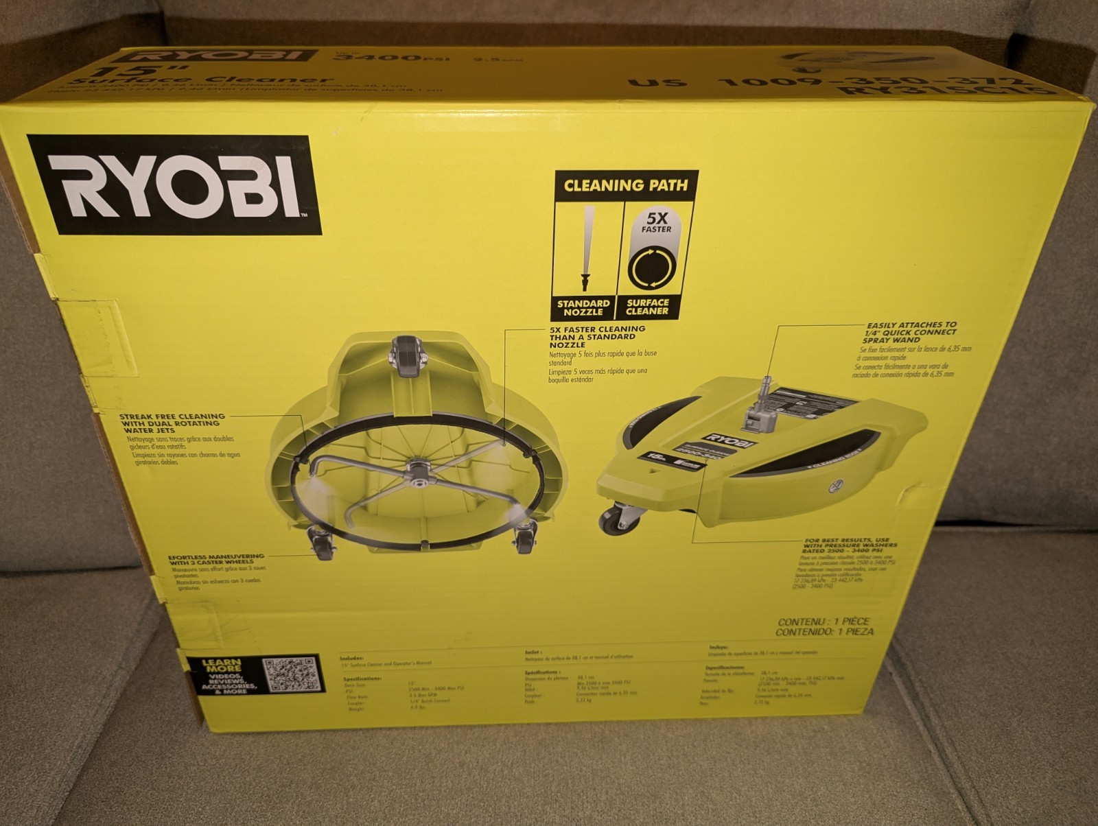 RYOBI 15″ 3400 PSI Gas Pressure Washer Surface Cleaner w/Caster Wheels RY31SC15