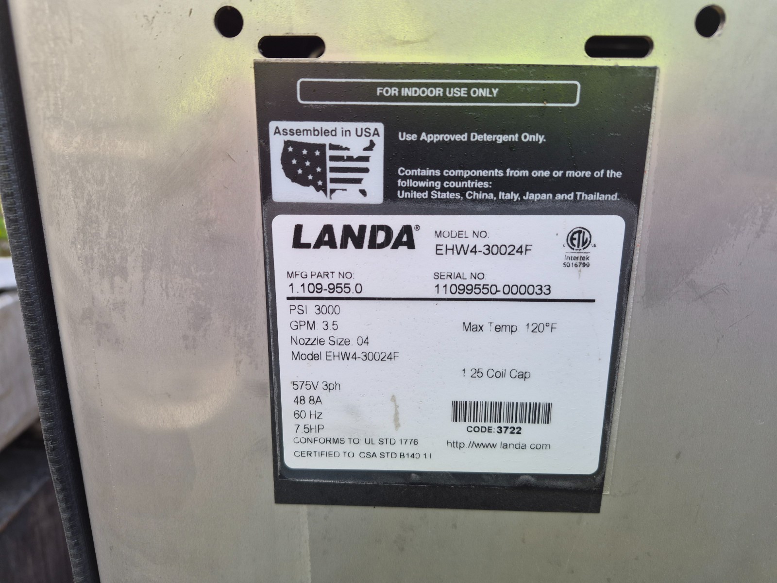 LANDA Heated Pressure Washer Model No. EHW4-30024F, 3000PSI, Max Temp 120F