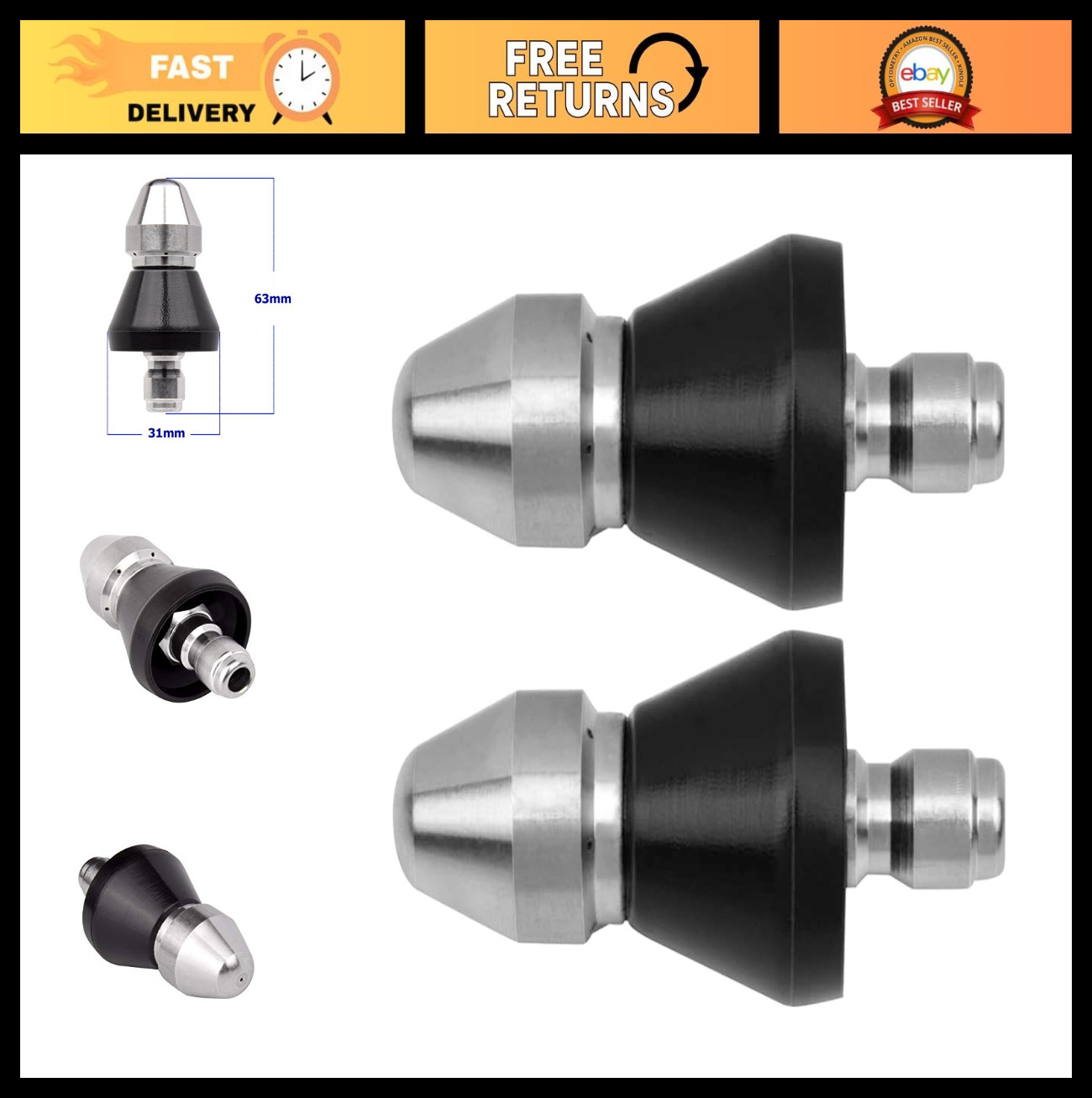 2-Pack Pressure Washer Sewer Jetter Nozzle, 5000 PSI Drain Cleaning Tool, Quick