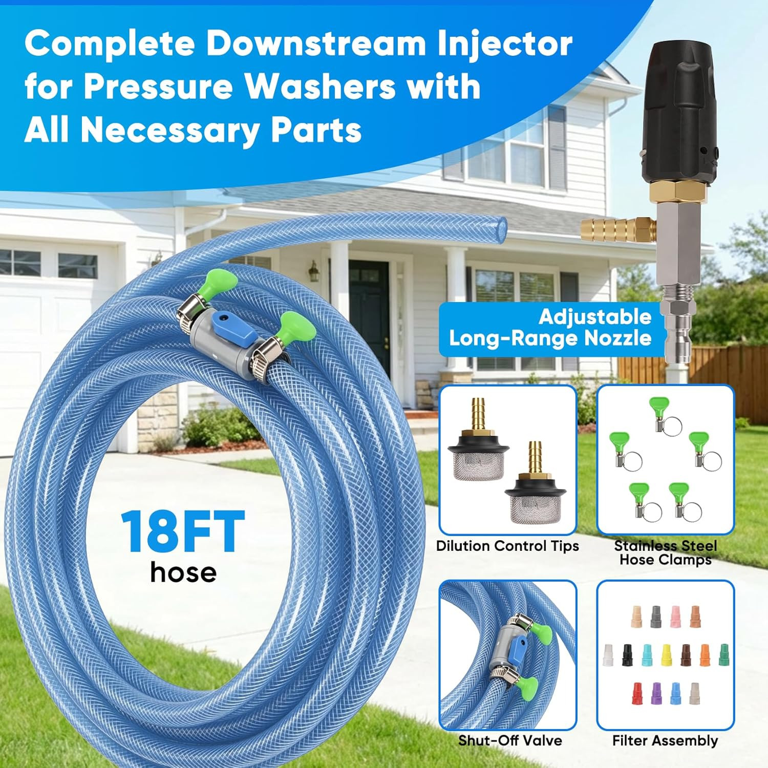 Adjustable Long Range Soft Wash Injection Nozzle Kit for Pressure Washer, Downst