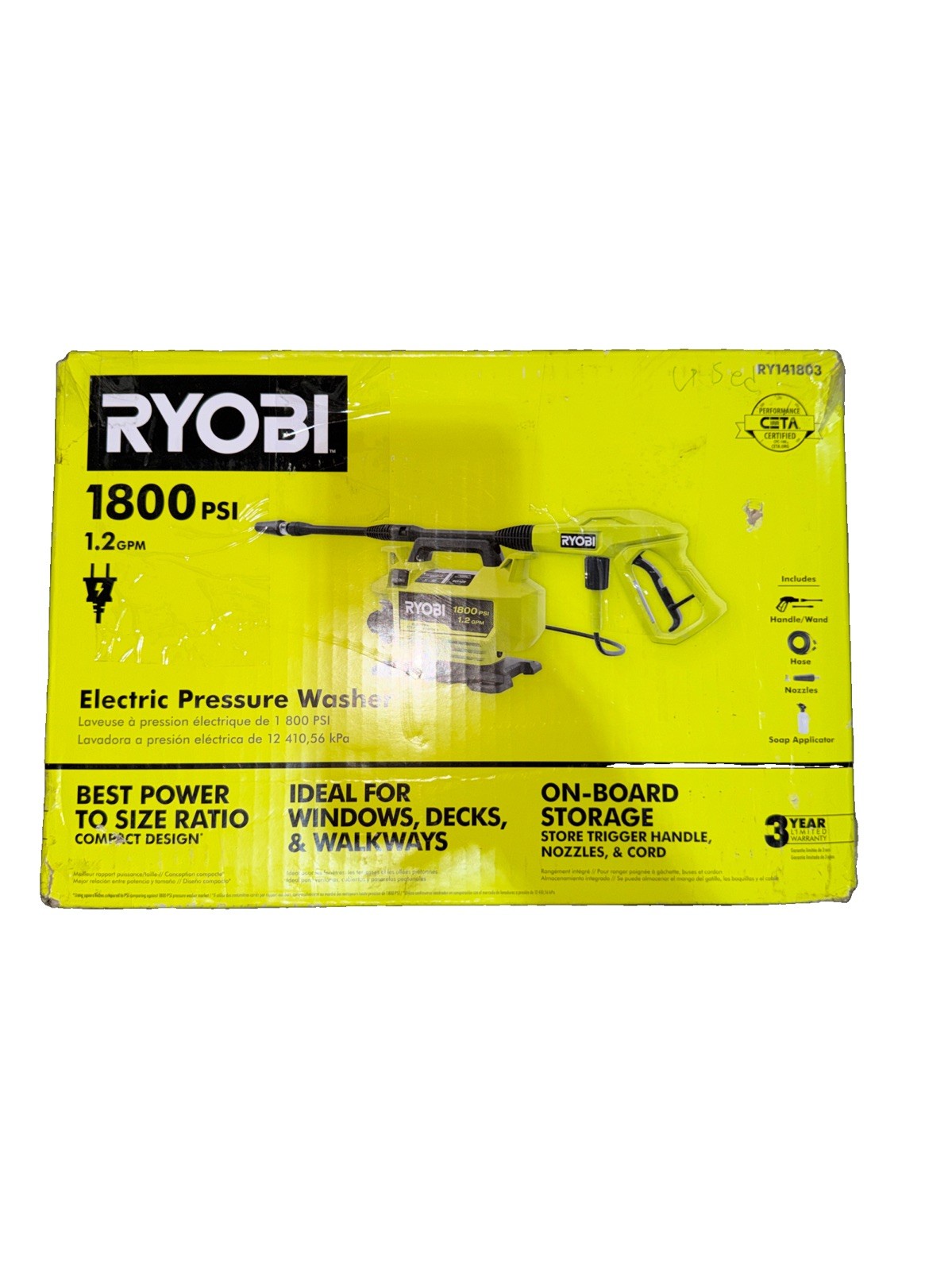 RYOBI 1800 PSI 1.2 GPM Electric Pressure Washer Portable Outdoor Cleaner