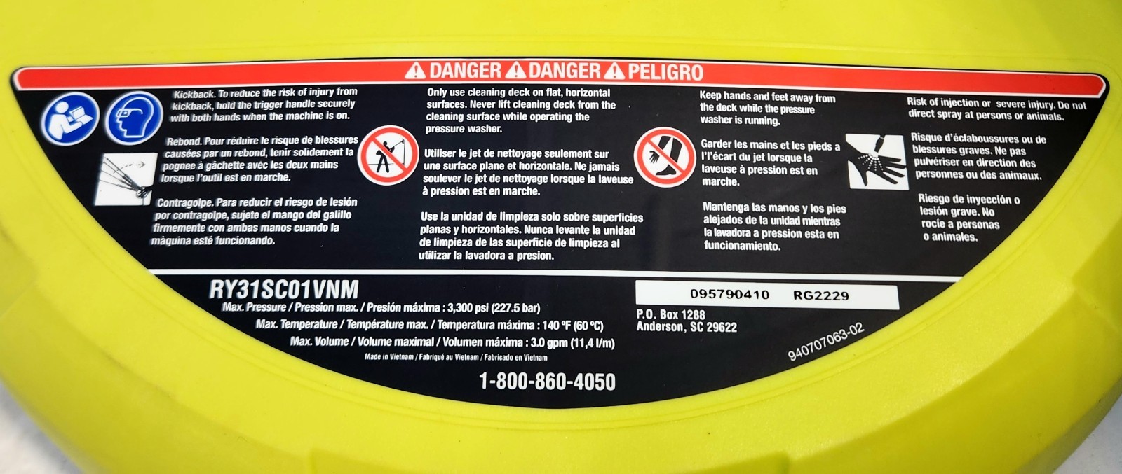 Ryobi RY31SC01 15 inch 3300PSI Surface Cleaner Open Box NEW