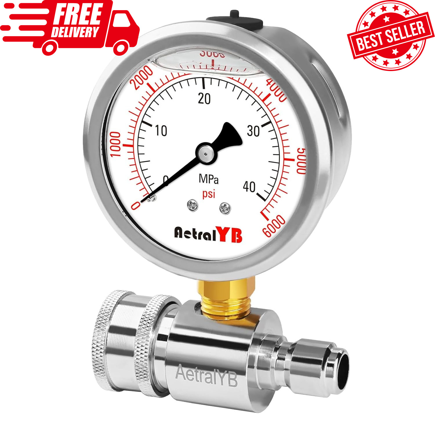 6000PSI Washer Pressure Gauge,3/8″ Push-To-Connection Quick Connection,Stainless